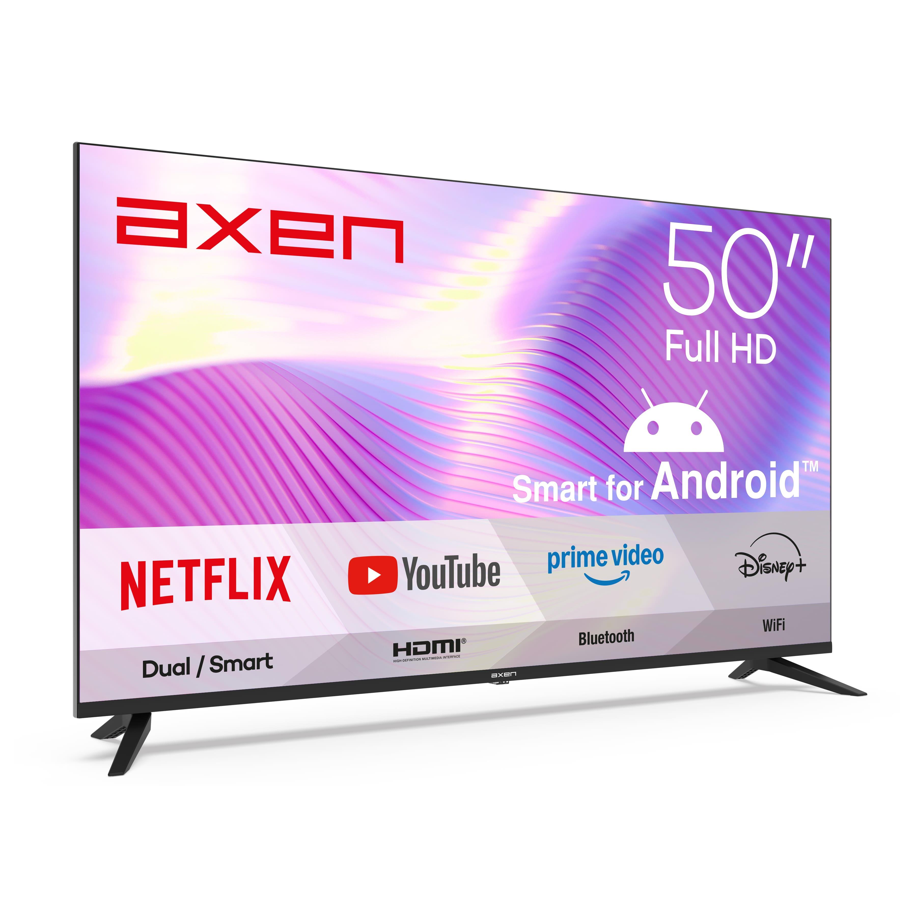 Android'li 50 inç Full HD Axen akıllı TV, Netflix, YouTube, Prime Video, Disney+ özellikli.