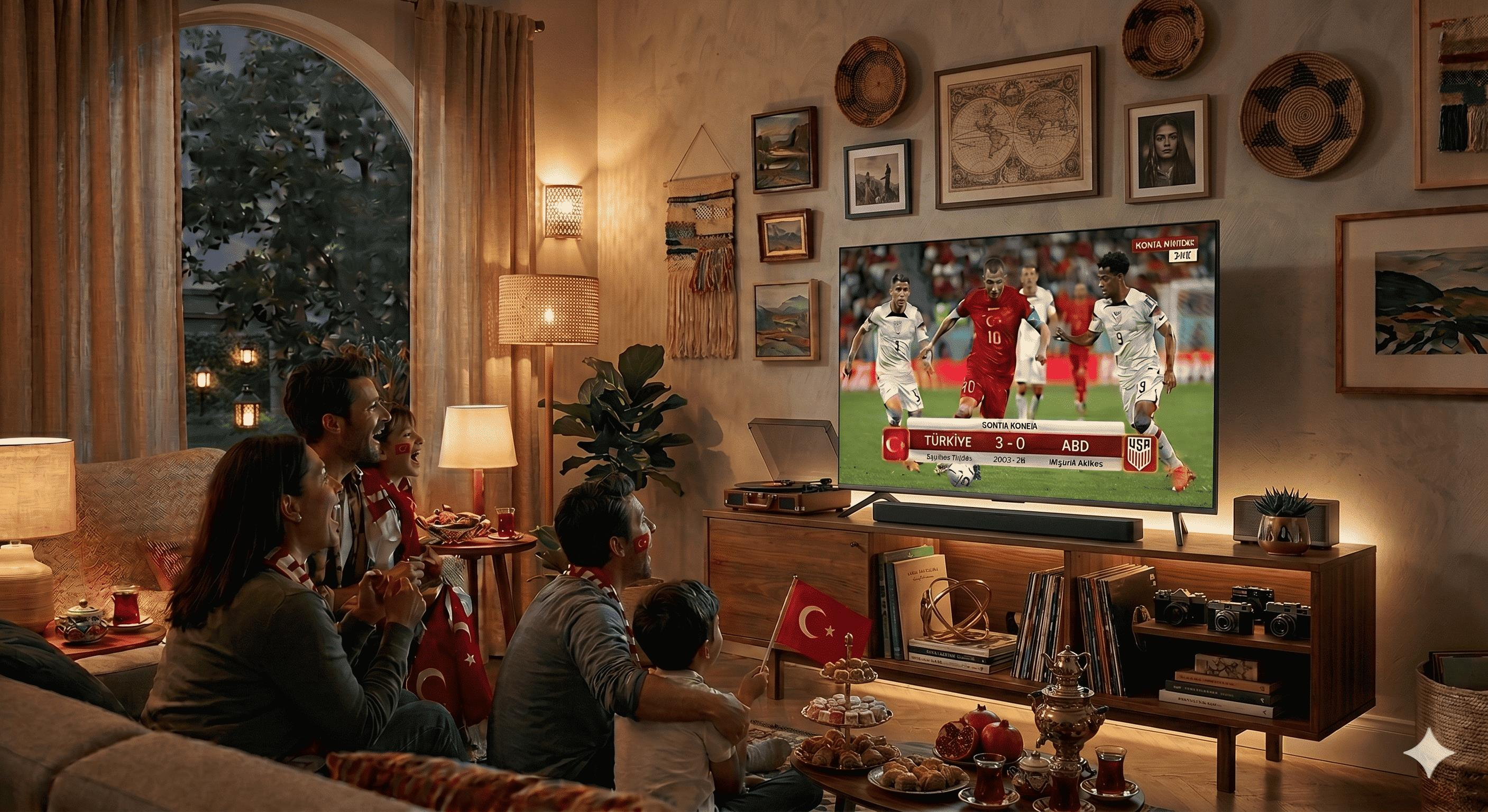 Bir aile televizyonda futbol izliyor, Türk bayrakları ve atıştırmalıklar var.