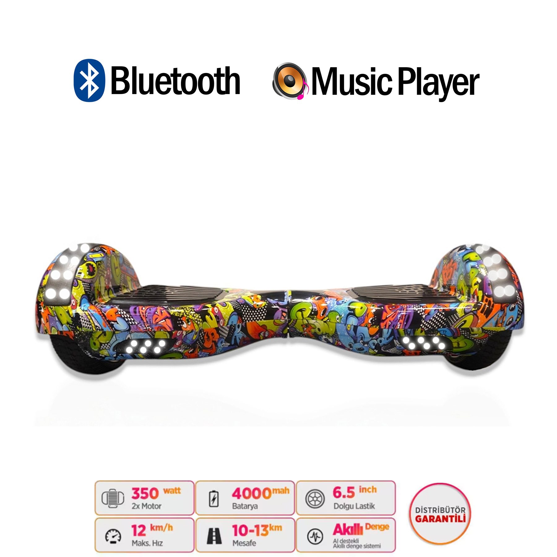 Graffiti tasarımlı hoverboard, Bluetooth ve müzik çalar özellikli.