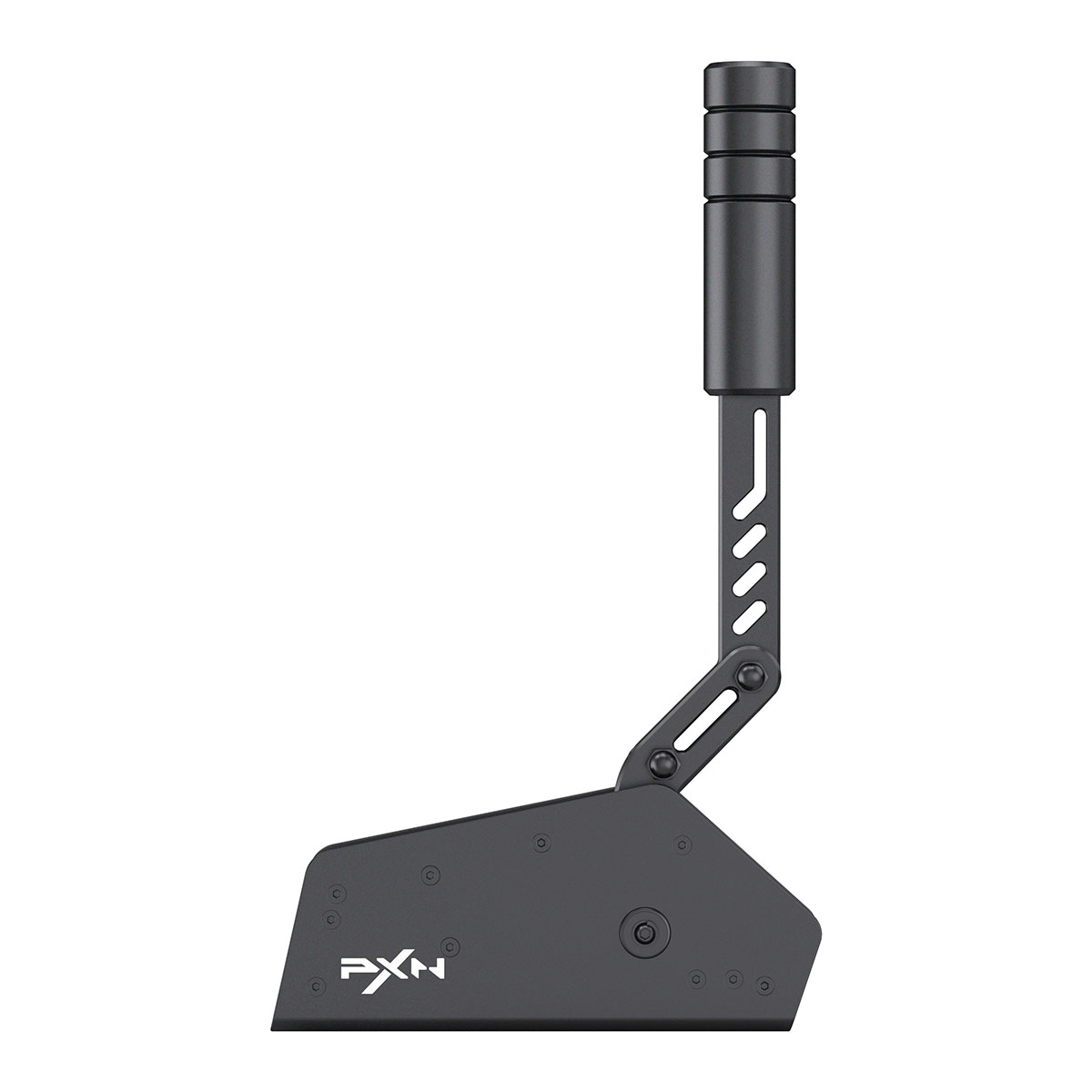 Siyah metal el freni kolu, tırtıklı tutamağıyla, beyaz arka planda.