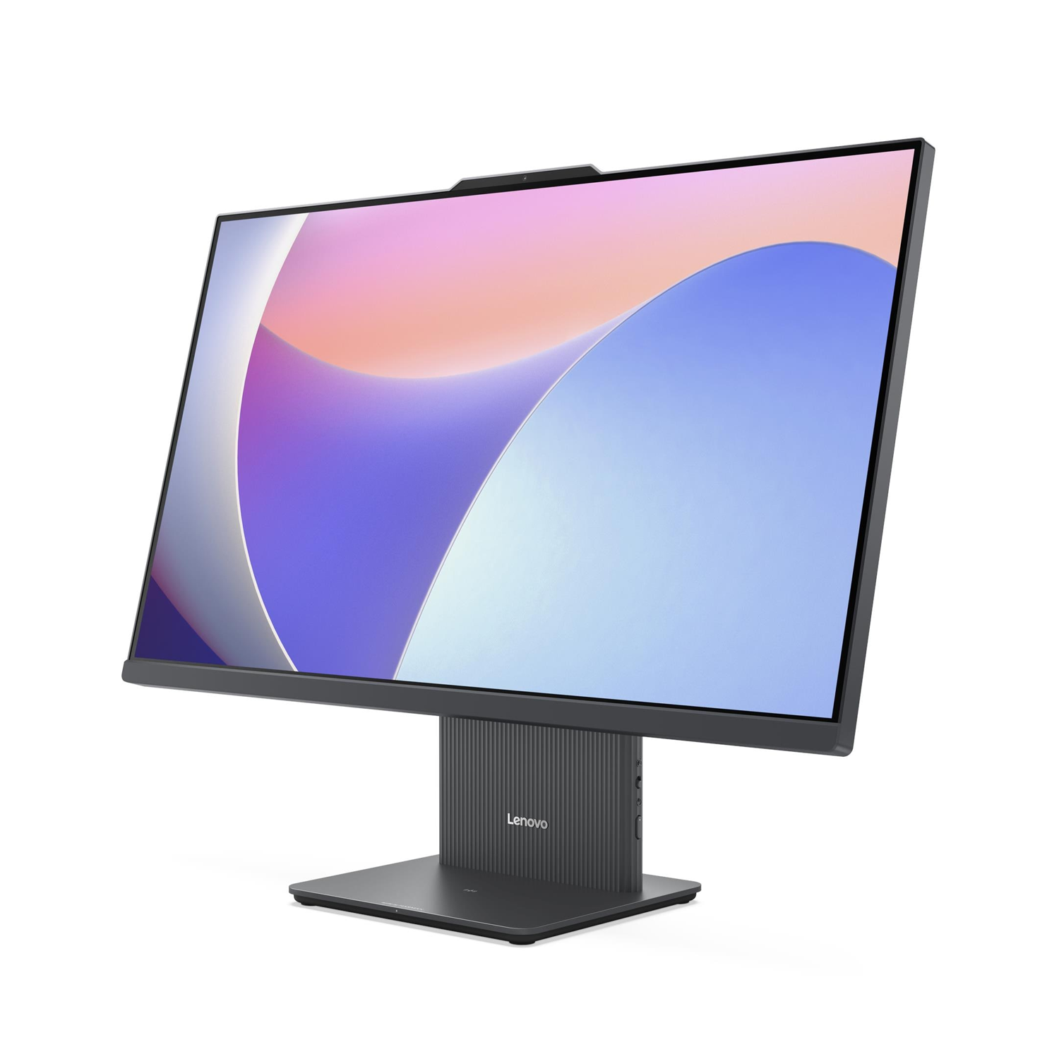 Ekranında soyut, renkli bir duvar kağıdı gösteren modern bir Lenovo monitörü.