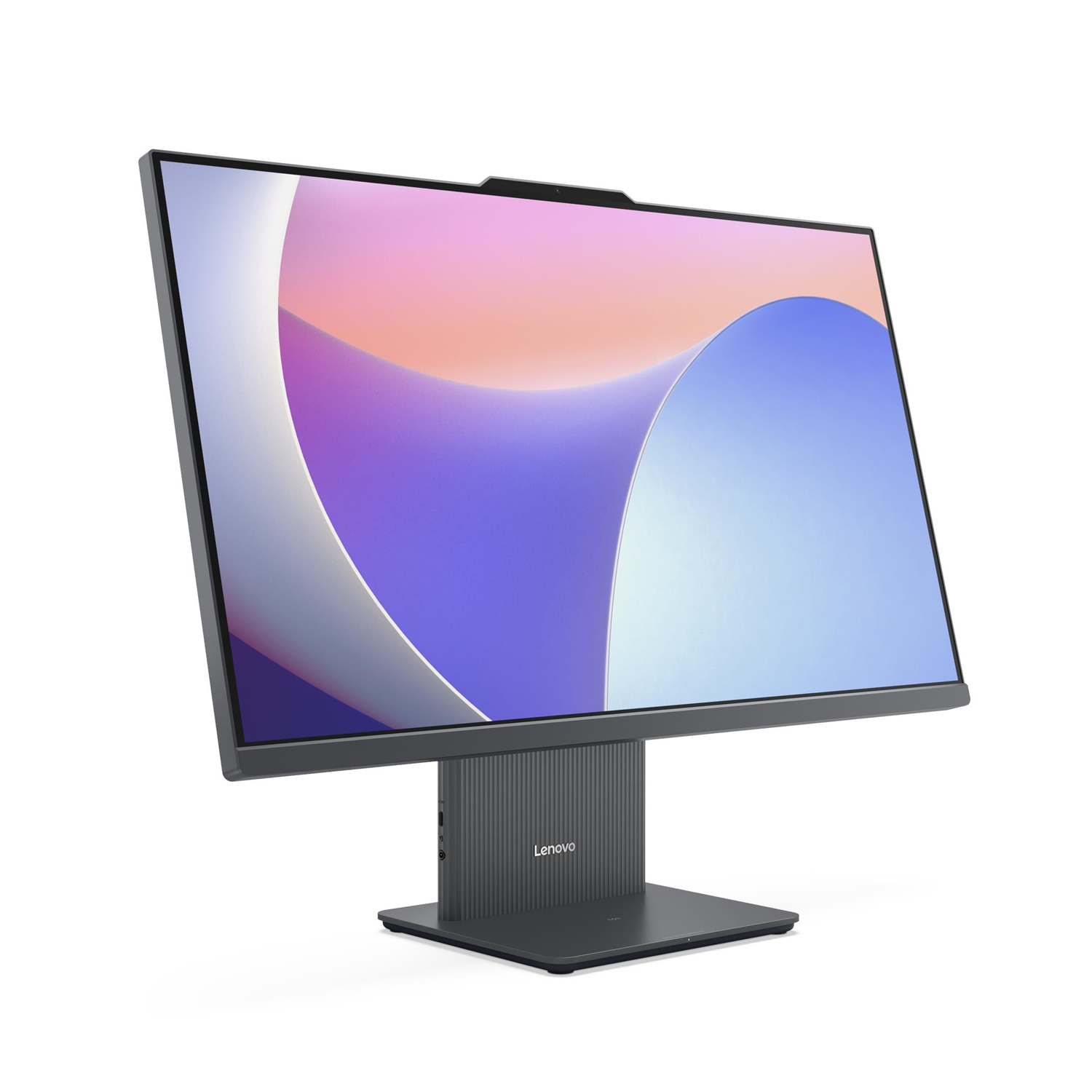 Ekranında renkli duvar kağıdı bulunan gri bir Lenovo hepsi bir arada bilgisayar.