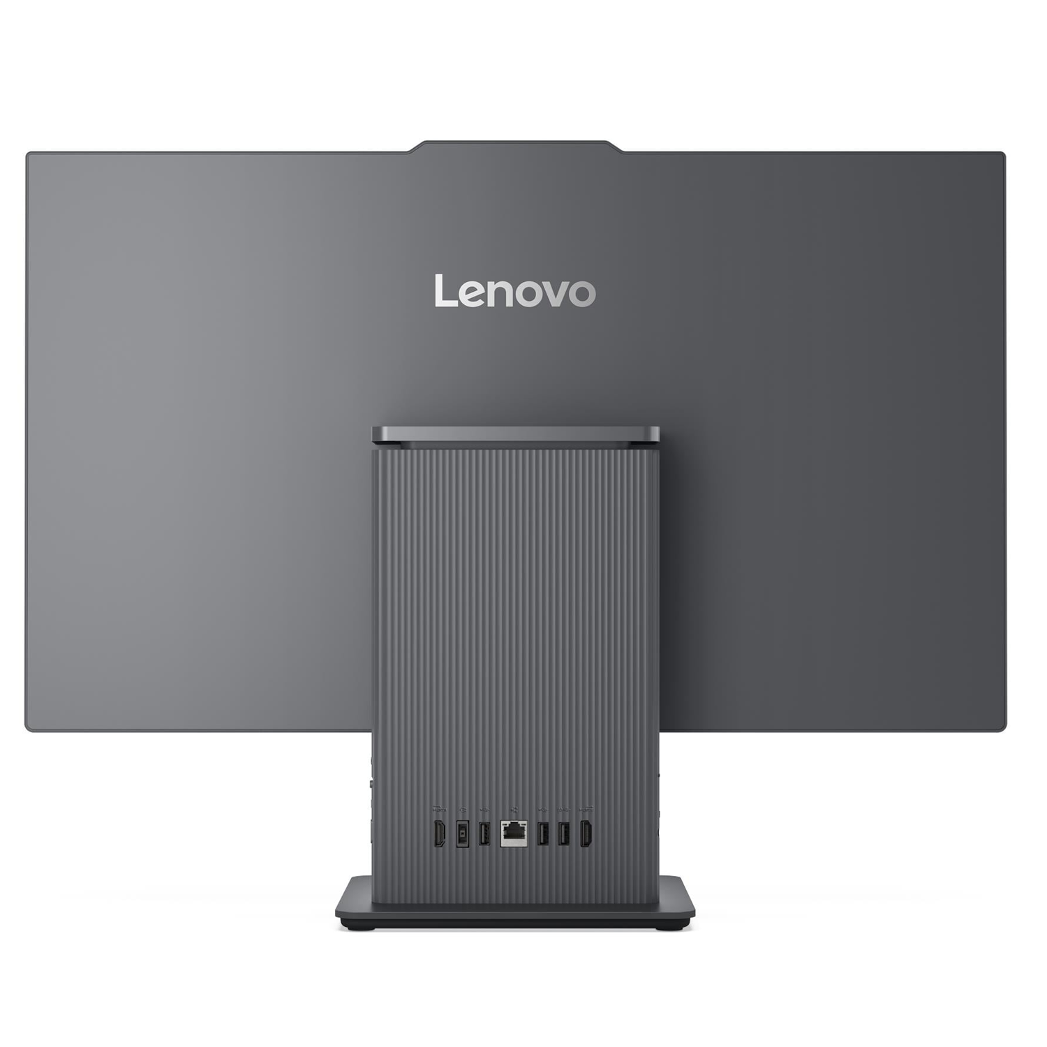 Portları gösteren gri Lenovo hepsi bir arada bilgisayarın arka görünümü.