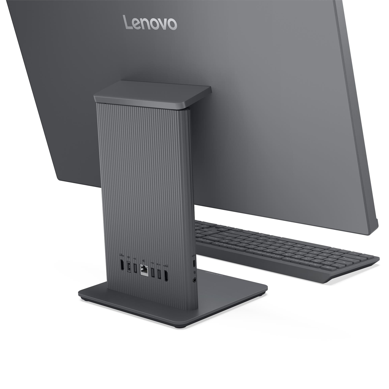 Arkada klavyeli ve bağlantı noktalarına sahip gri Lenovo Hepsi Bir Arada PC.