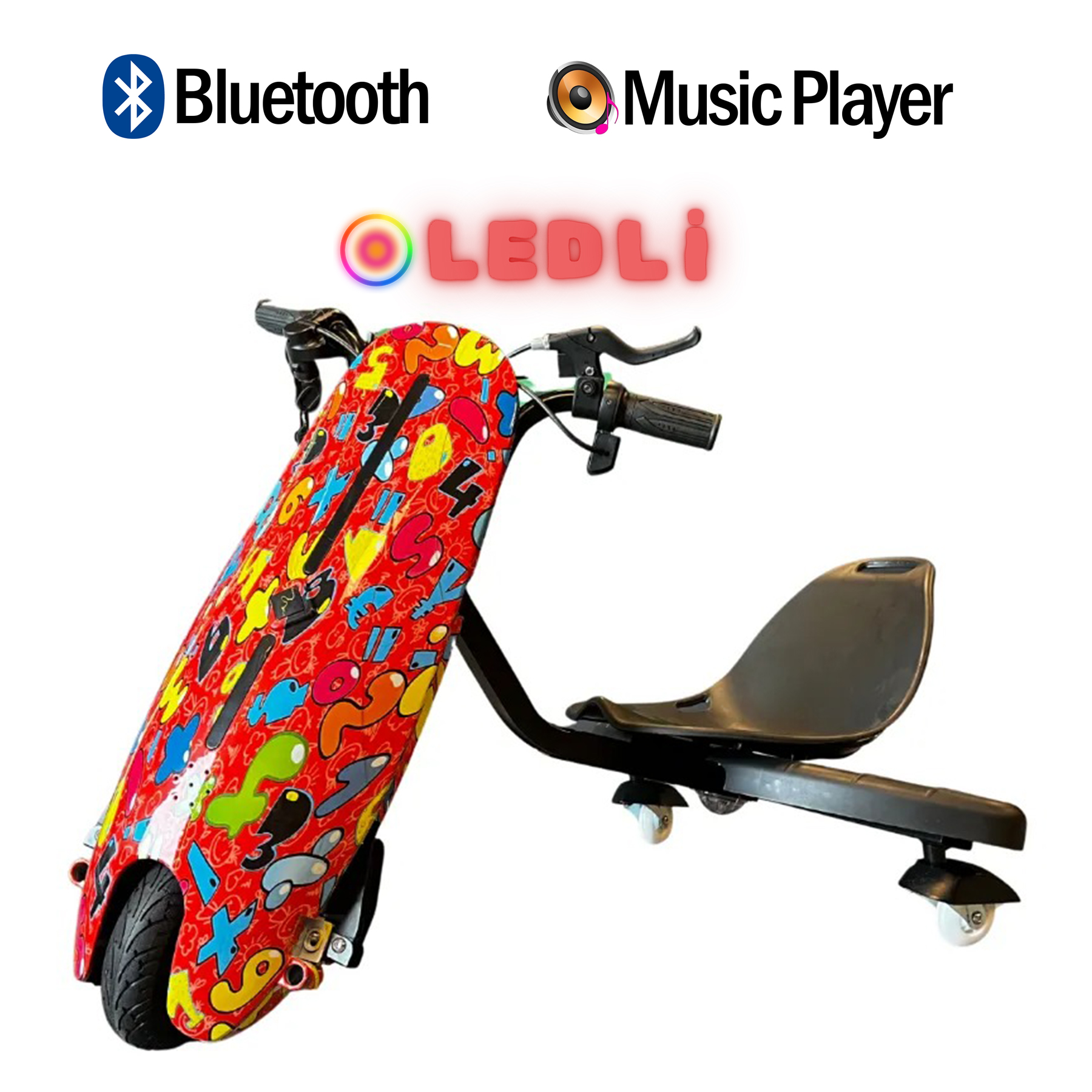 Bluetooth ve müzik çalar simgeli renkli elektrikli scooter.