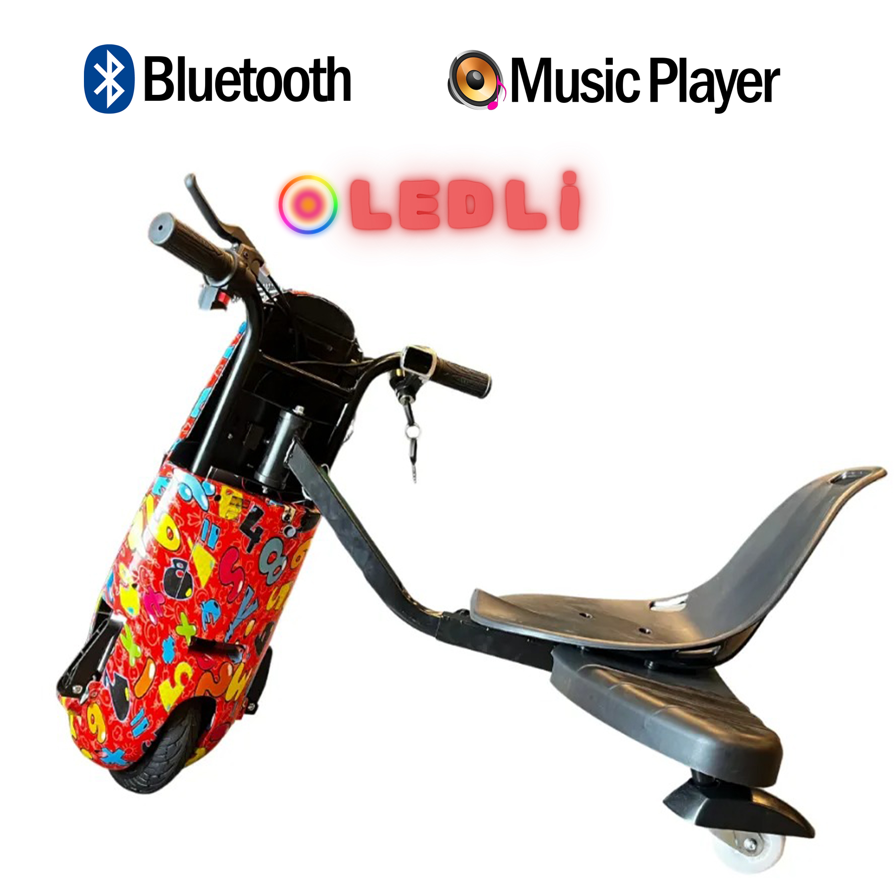 Bluetooth ve Müzik Çalar simgeleriyle kırmızı desenli drift scooter.