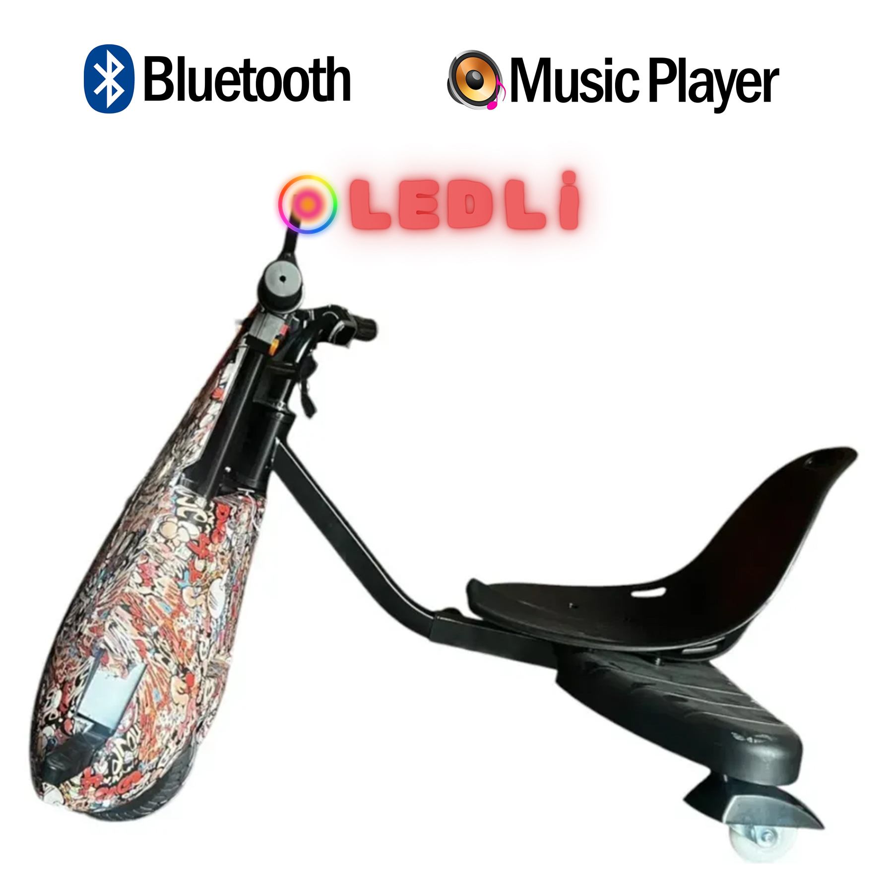 Renkli grafiti tasarımlı ve LED ışıklı drift scooter.