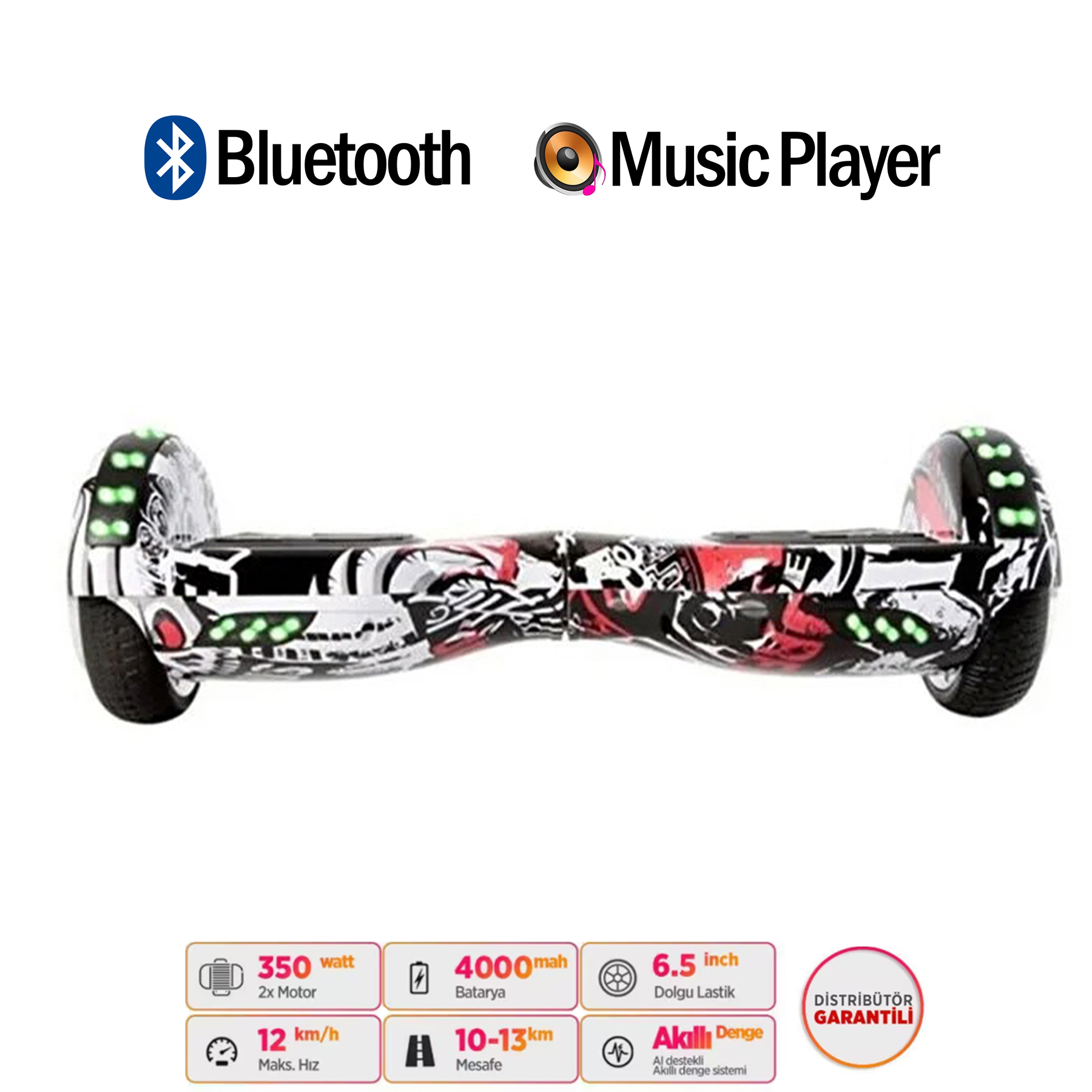 Grafik baskılı, Bluetooth ve müzik çalar simgeli bir hoverboard.