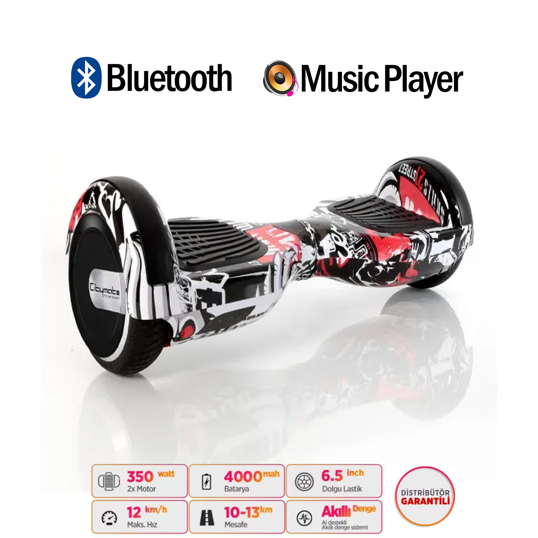 Bluetooth ve müzik çalar özellikli hoverboard, beyaz üzerine kırmızı ve siyah desenli.