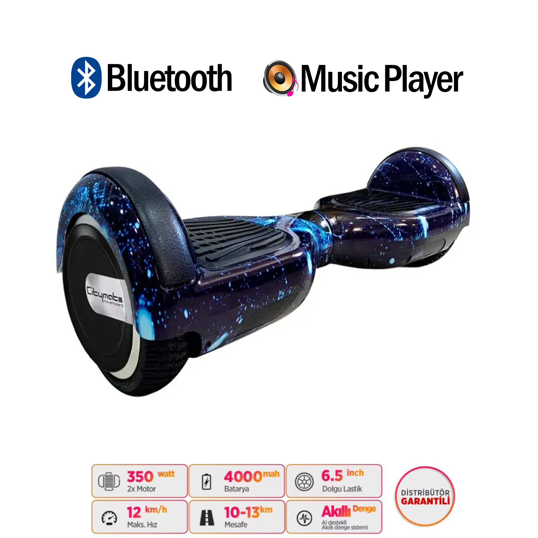 Yıldızlı desene sahip koyu mavi hoverboard, Bluetooth ve müzik çalar simgeleri.