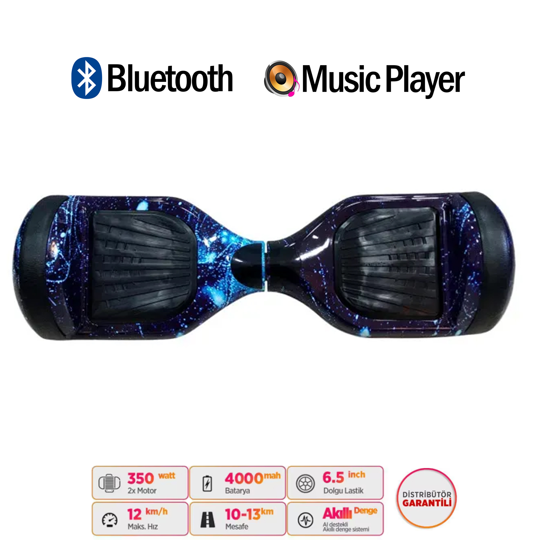 Yıldız desenli, mavi-siyah hoverboard, Bluetooth ve müzik çalar simgeleri.