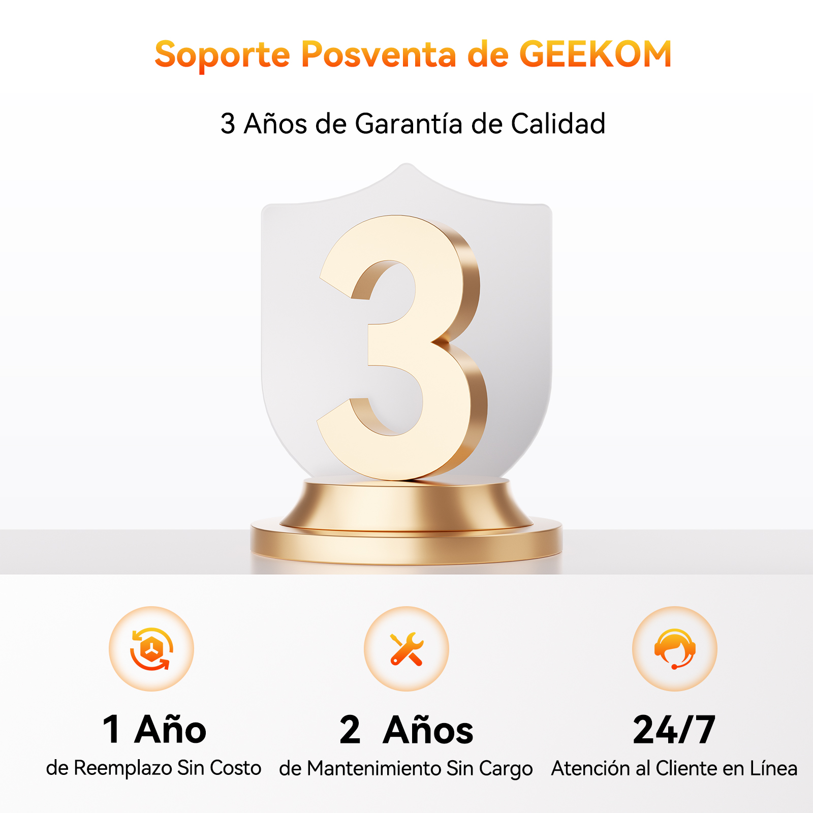 Soporte Posventa GEEKOM: 3 Años de Garantía. 1 Año Reemplazo Gratis, 2 Años Mantenimiento, 24/7 Online.