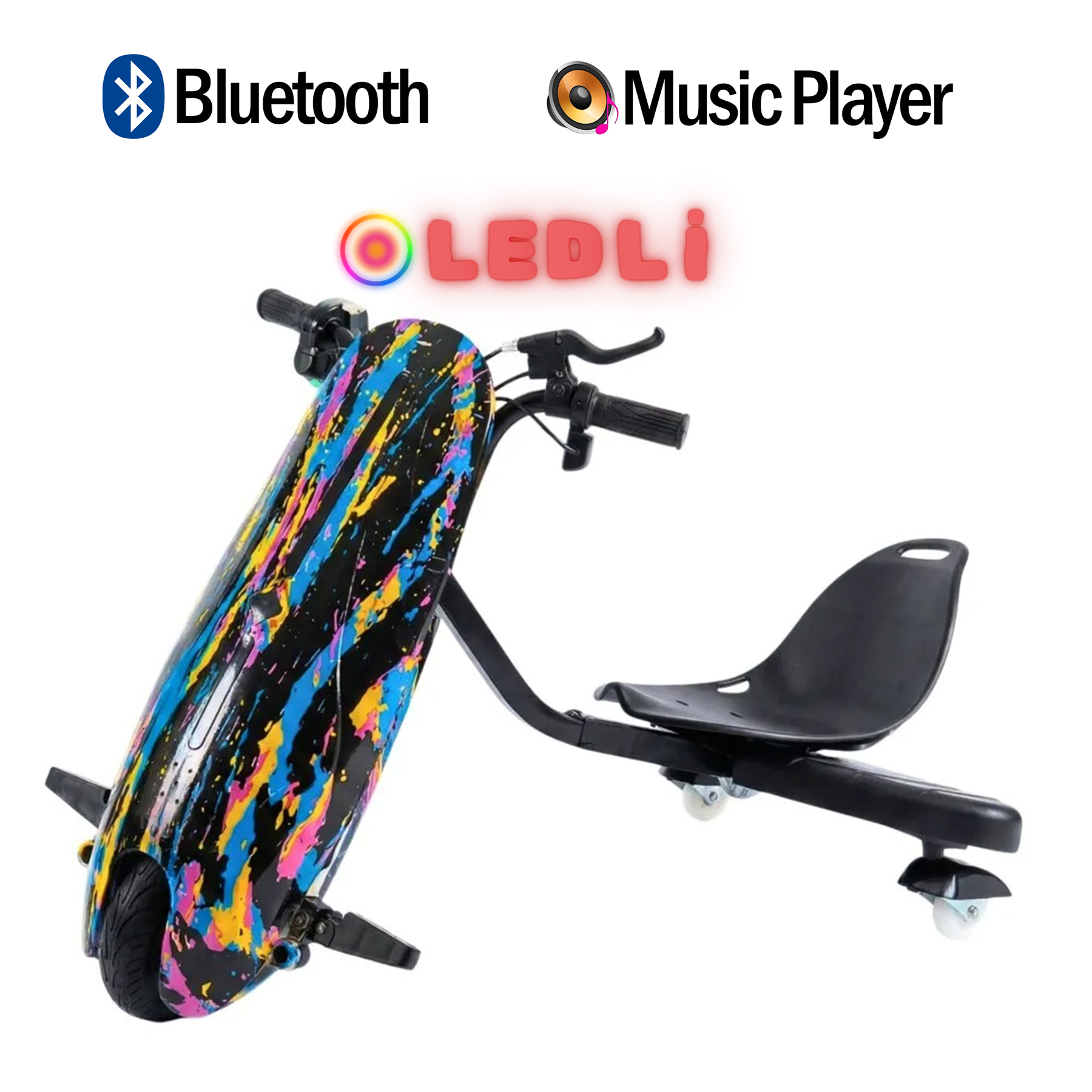 Bluetooth ve müzik çalar özellikli, rengarenk bir drift scooter.