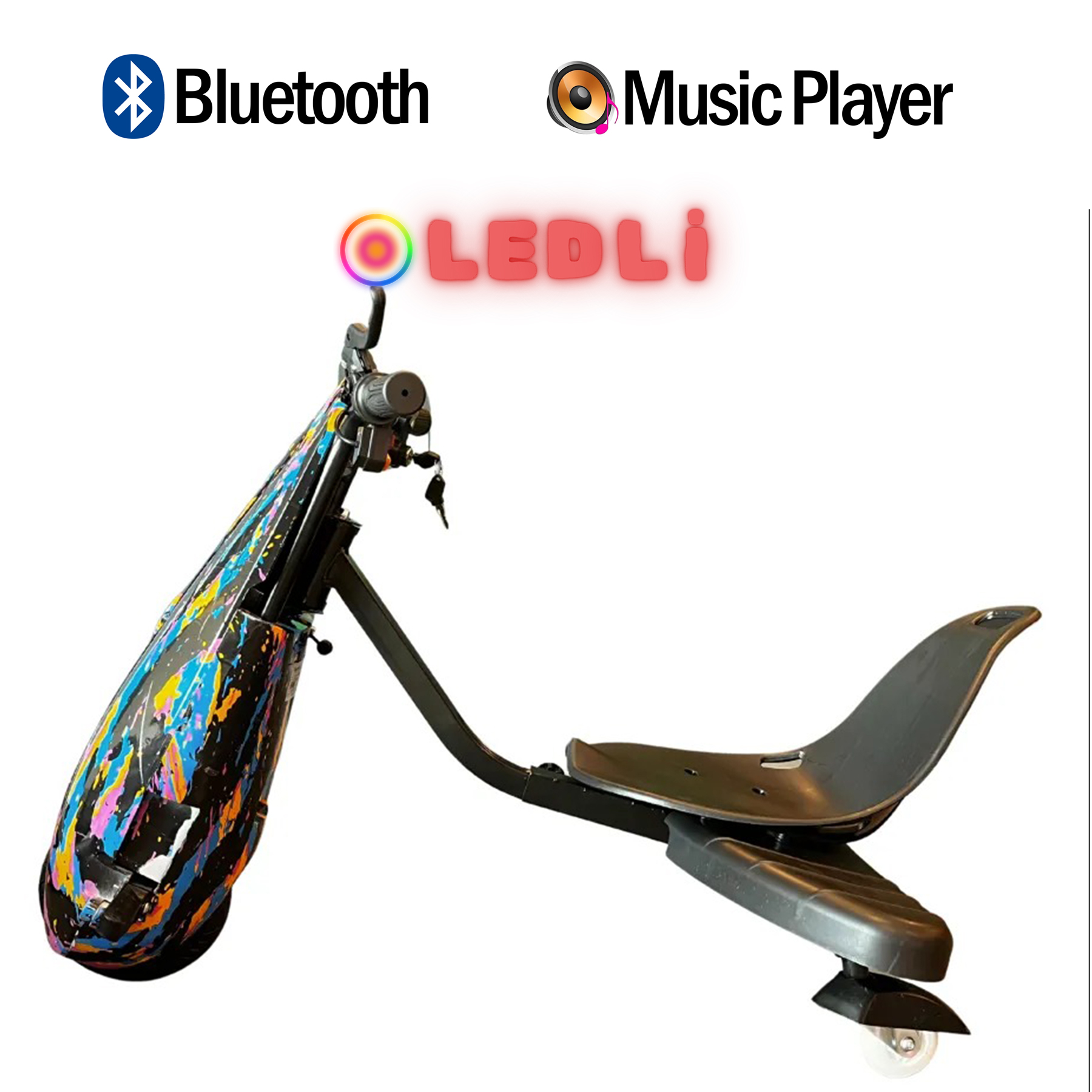 Renkli sıçramalar ve LEDLi logosuna sahip siyah drift scooter.