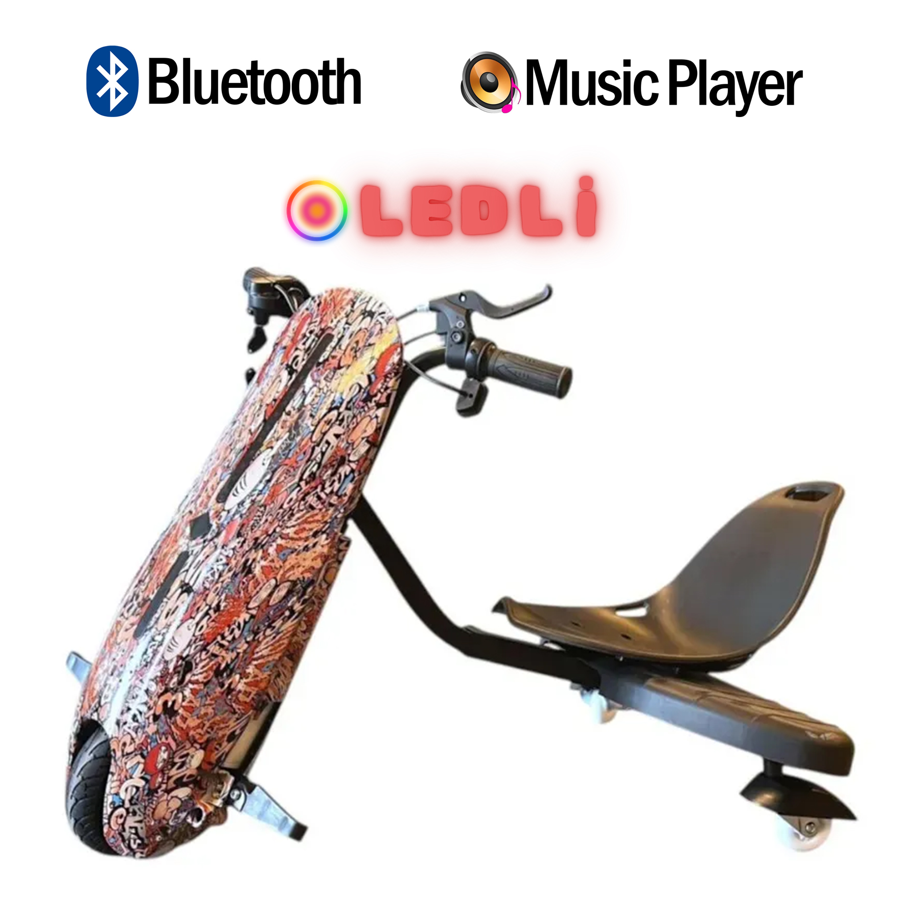 Renkli, grafiti kaplı drift scooter gidon ve koltuklu. Bluetooth ve Müzik Çalar simgeleri.