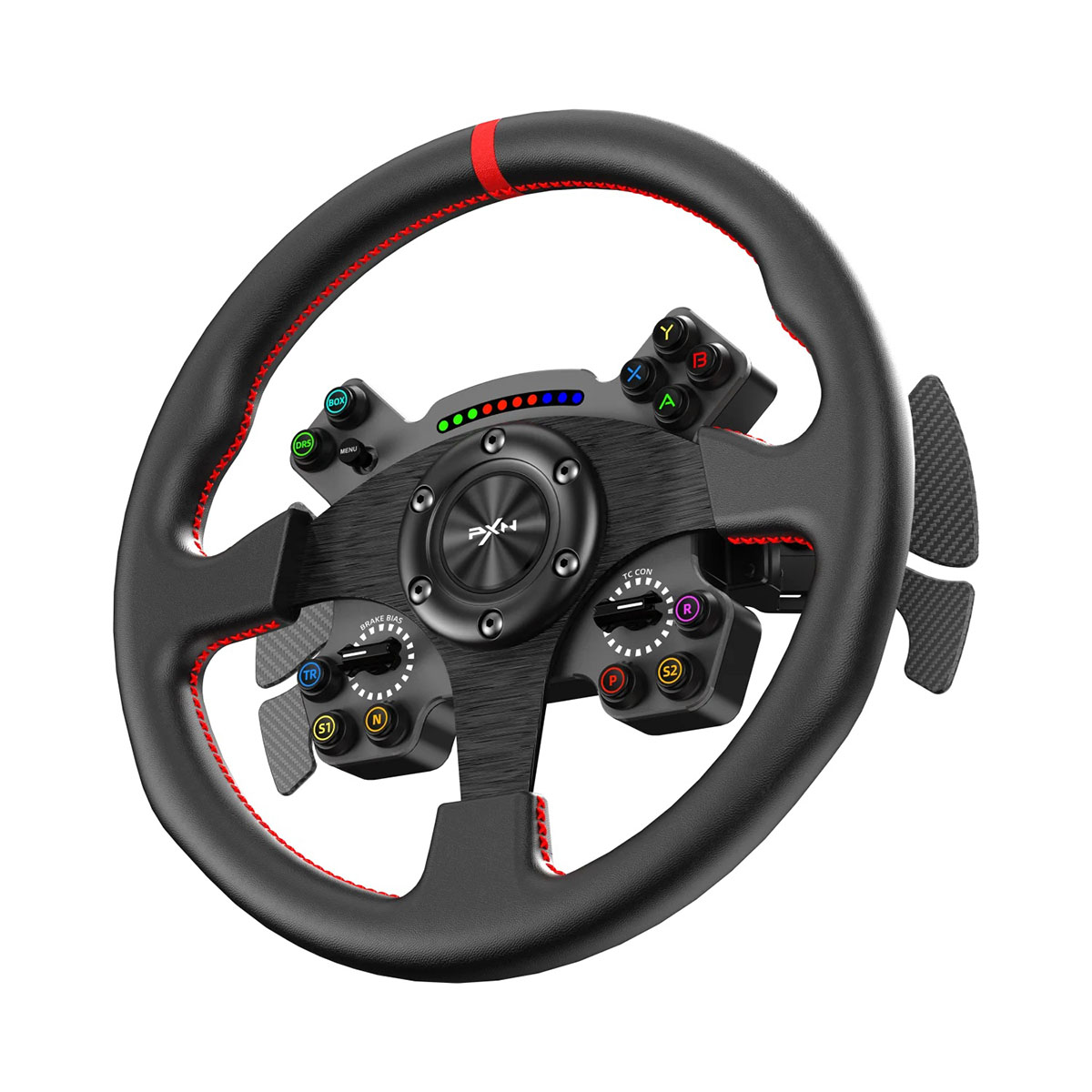 Un volante da corsa nero con cuciture rosse, pulsanti e palette.