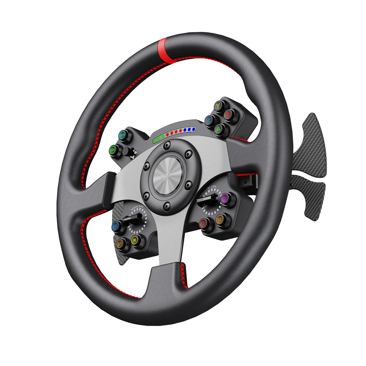 Un volante da corsa nero con cuciture rosse e paddle in carbonio.