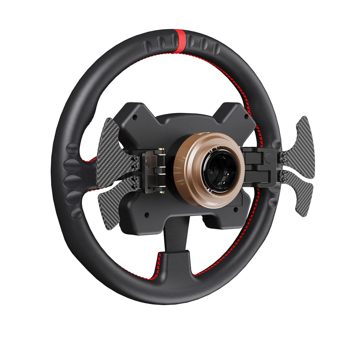 Volante nero con cuciture rosse, paddle shifter e anello dorato centrale.