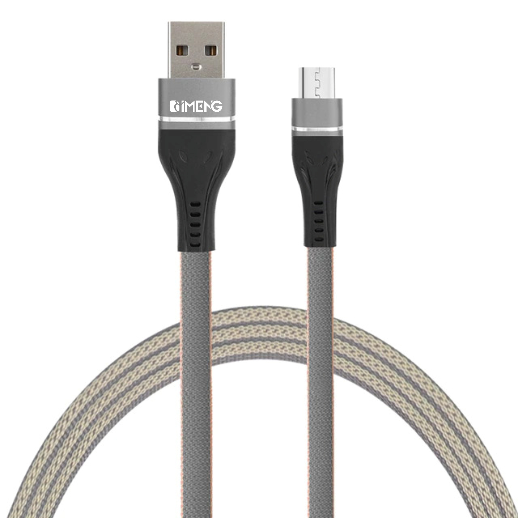Siyah vurgulu, gri ve beyaz örgülü USB-C kablosu. "GIMENG" logosu görünür.