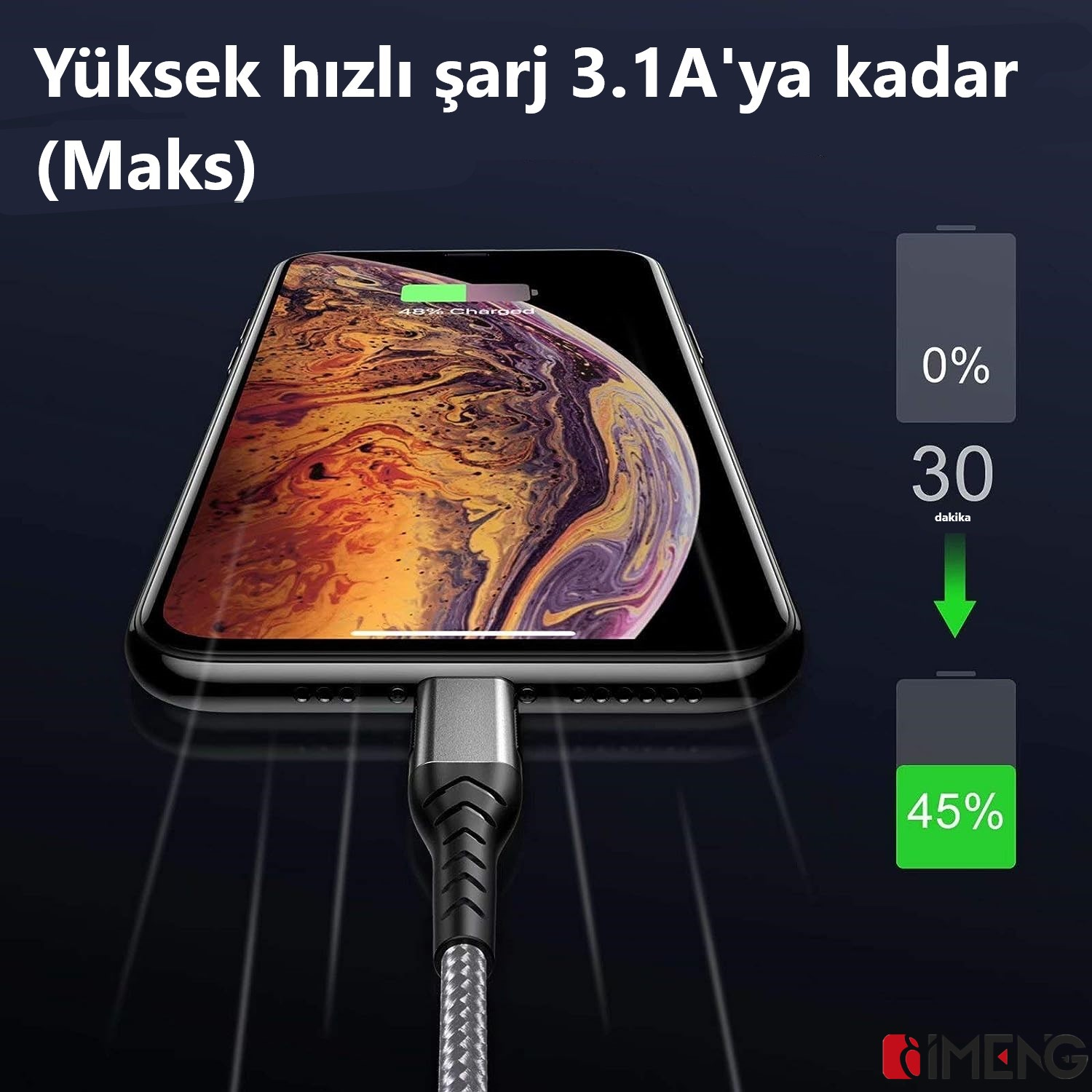 Bir akıllı telefon kablo ile hızlı şarj oluyor, %45 pil gösteriyor.