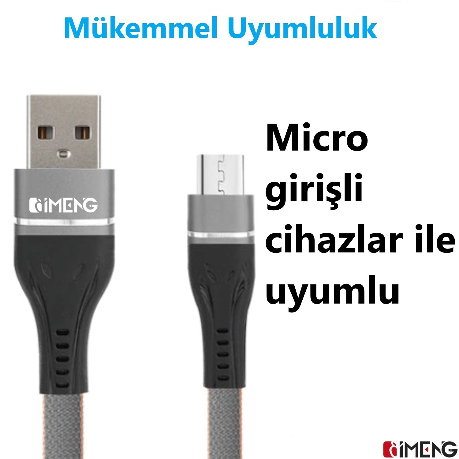 USB-A ve Micro-USB konnektörlü iki gri şarj kablosu.