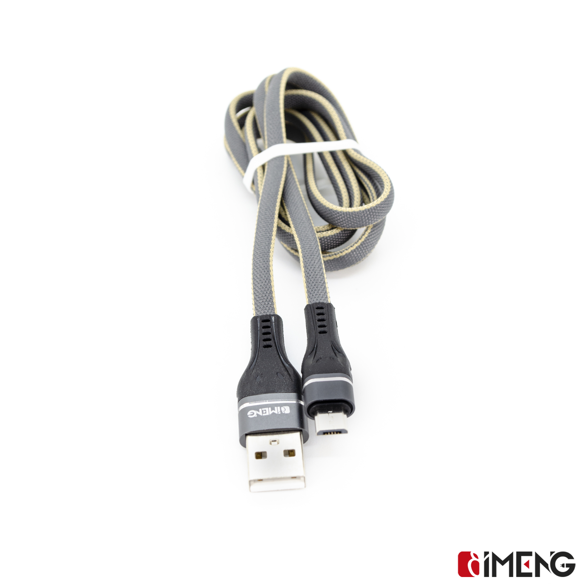 İki konektörlü gri USB şarj kablosu, rulo yapılmış ve beyaz bantla sabitlenmiş.