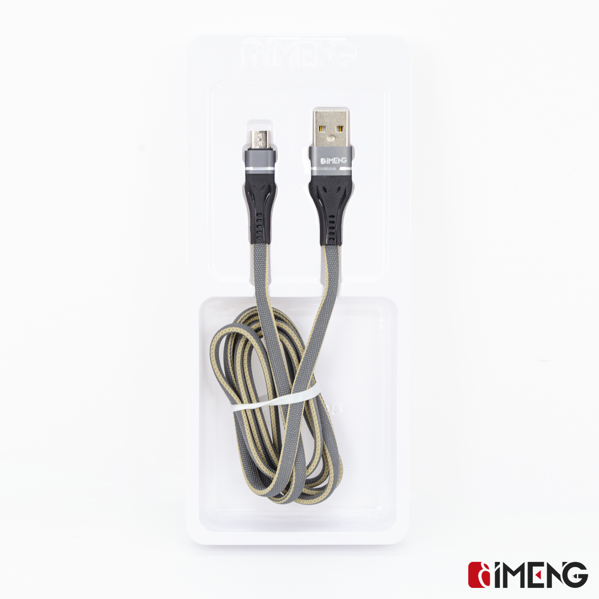 Gri ve sarı USB-C şarj kablosu, ambalajda mikro arayüzlü.