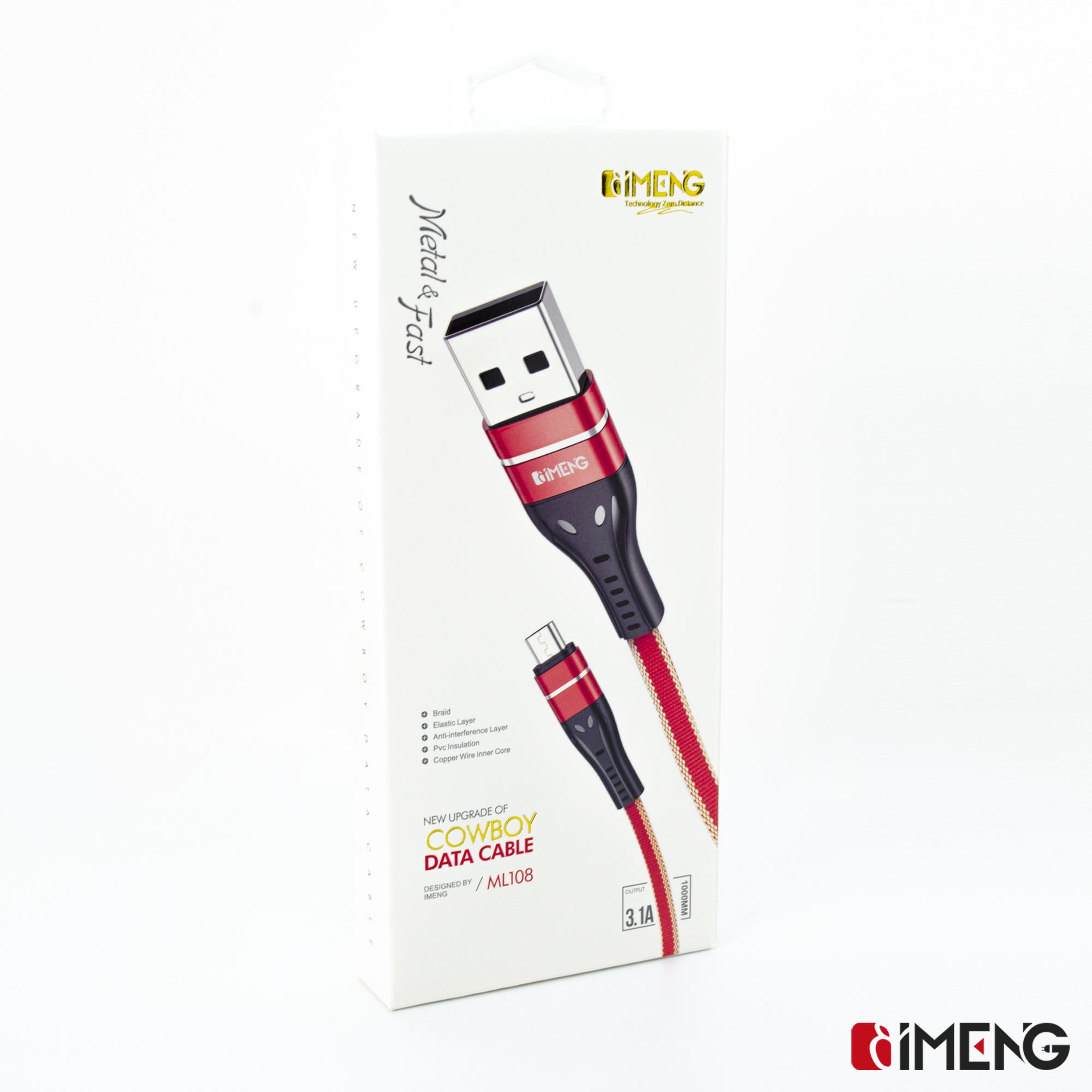 Gümüş konektörlü kırmızı ve siyah USB veri kablosu ambalajı.