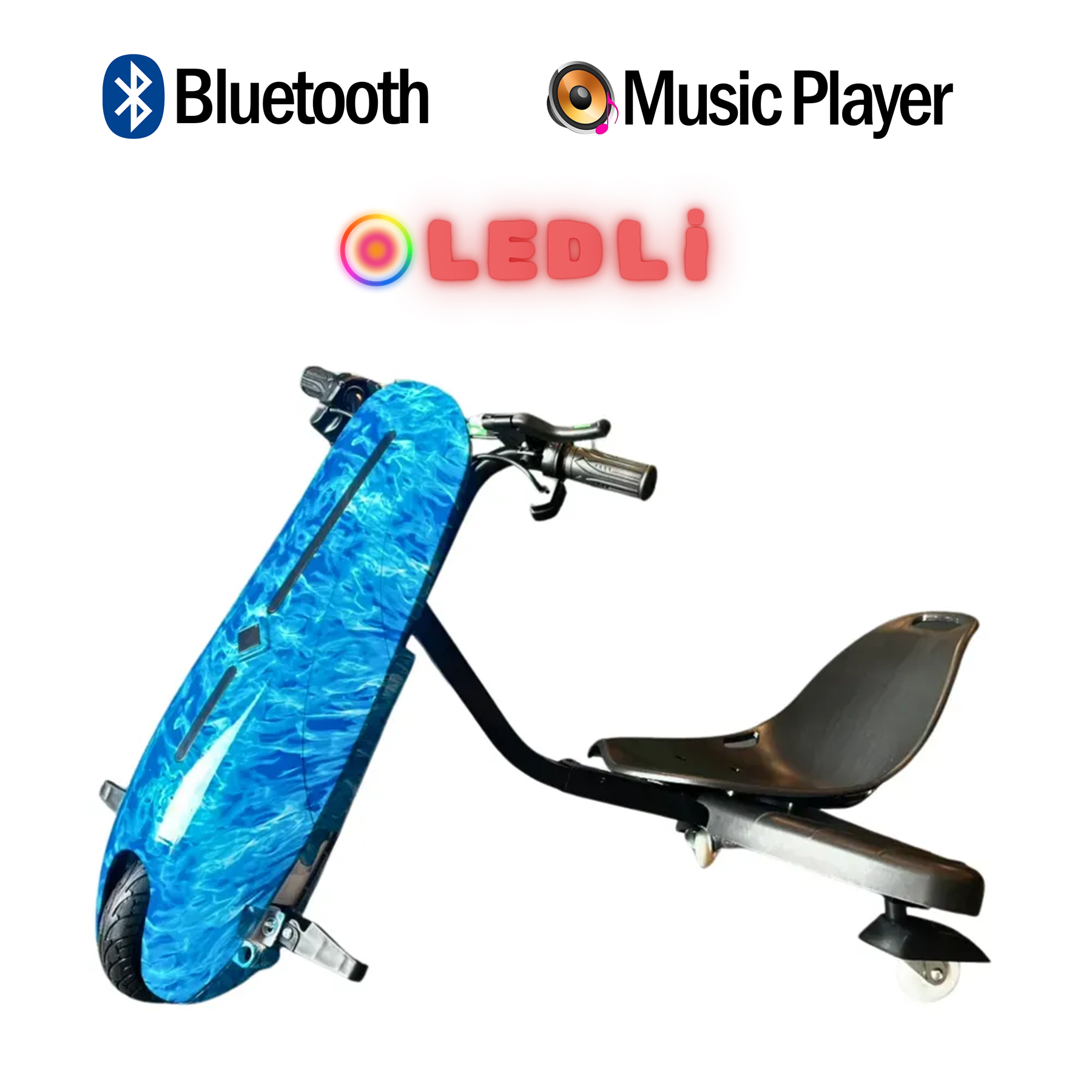 Mavi, alevli hoverboard "LEDLi" logosu, Bluetooth ve Müzik simgeleri.