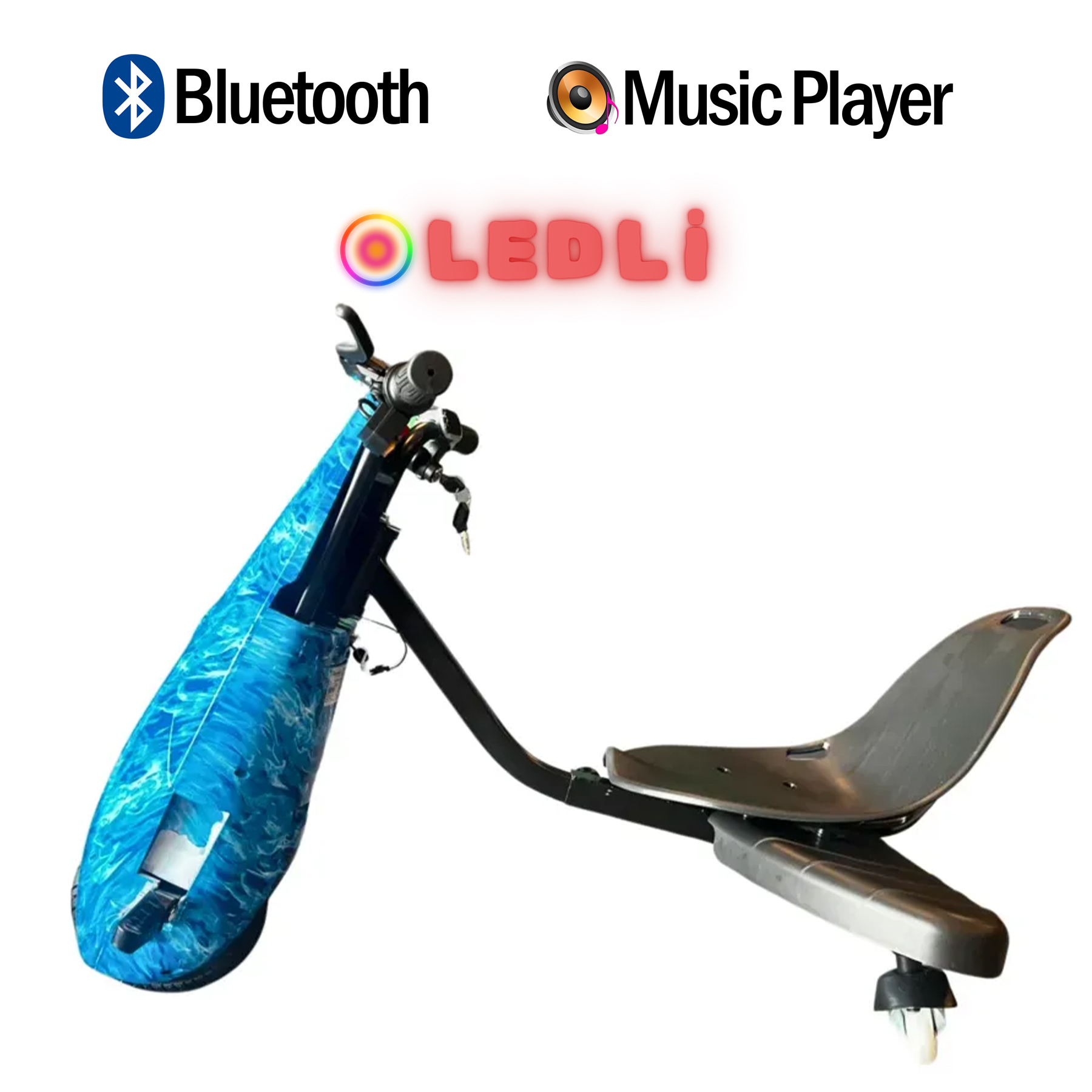 Bluetooth ve müzik çalar logolu, mavi desenli drift scooter.