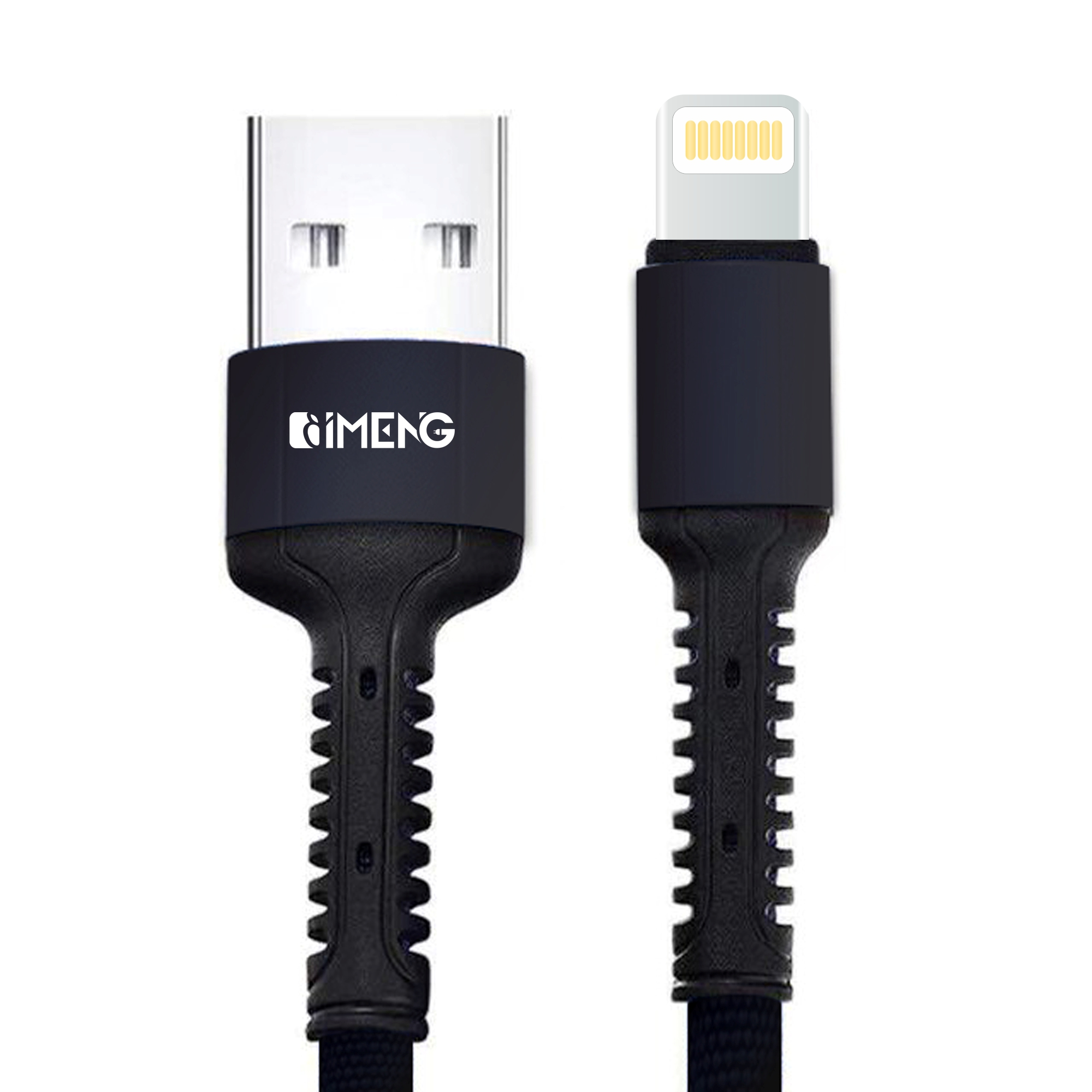 USB-A konektöründe "RIMENG" logosu bulunan siyah USB-A - Lightning kablo.