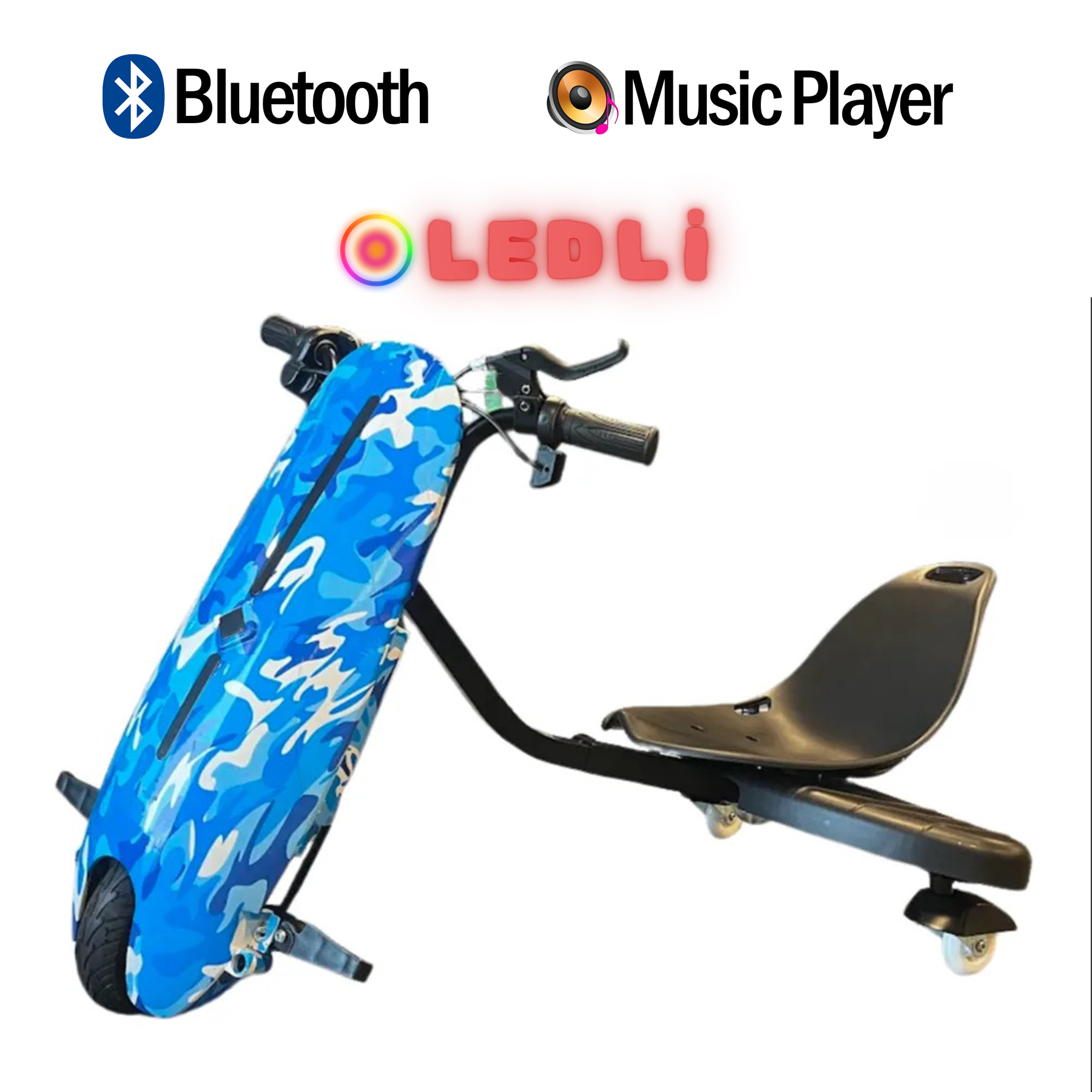Siyah gidon ve oturma yerine sahip mavi kamuflajlı drift scooter.