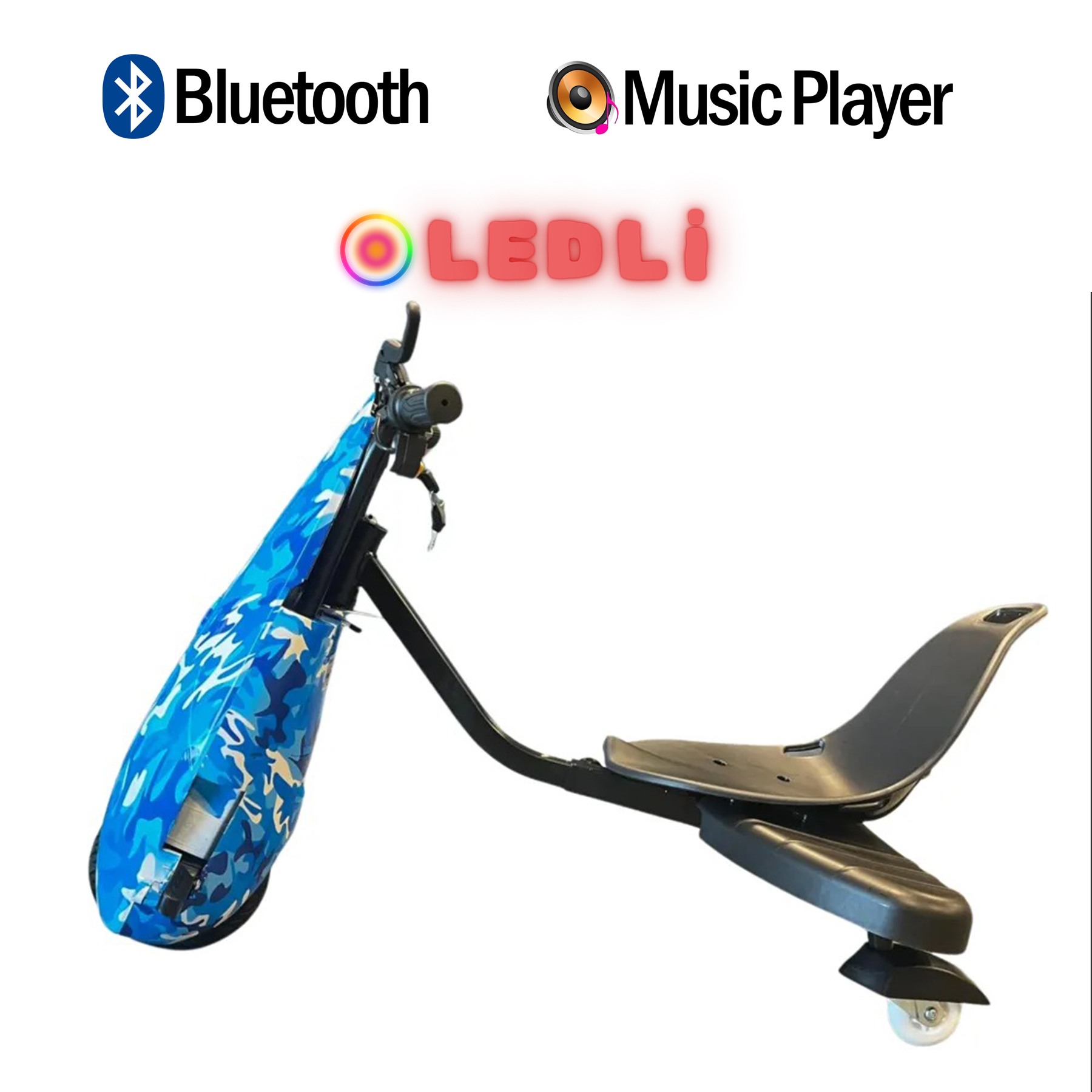Mavi-beyaz kamuflaj kapaklı ve Bluetooth/Müzik simgeli siyah drift scooter.