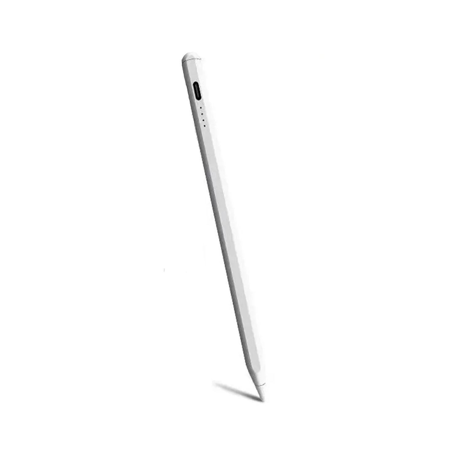 Yan tarafında dört nokta bulunan beyaz bir stylus kalem, beyaz zeminde.