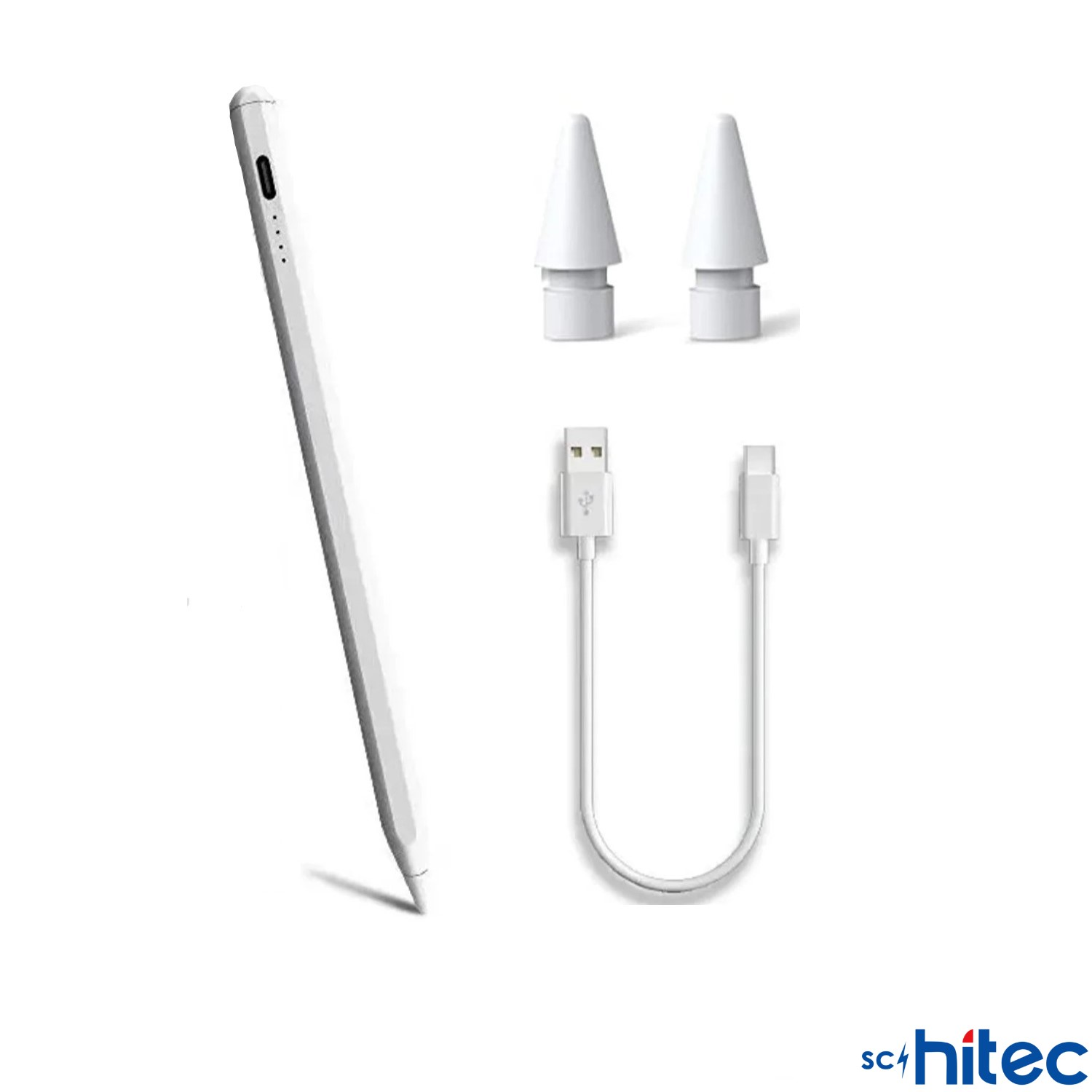 Beyaz stylus, yedek uçlar ve şarj kablosu beyaz arka plan üzerinde.