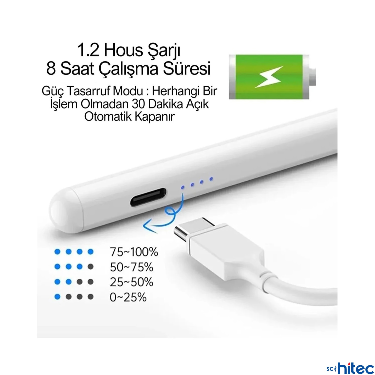 USB-C kablolu beyaz stylus kalem, pil şarj seviyelerini gösterir.
