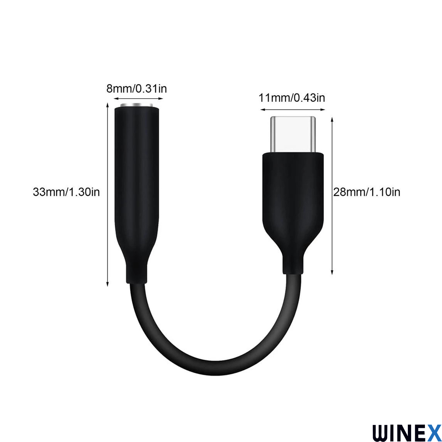 Boyutları gösterilen siyah USB-C - 3,5 mm adaptör.