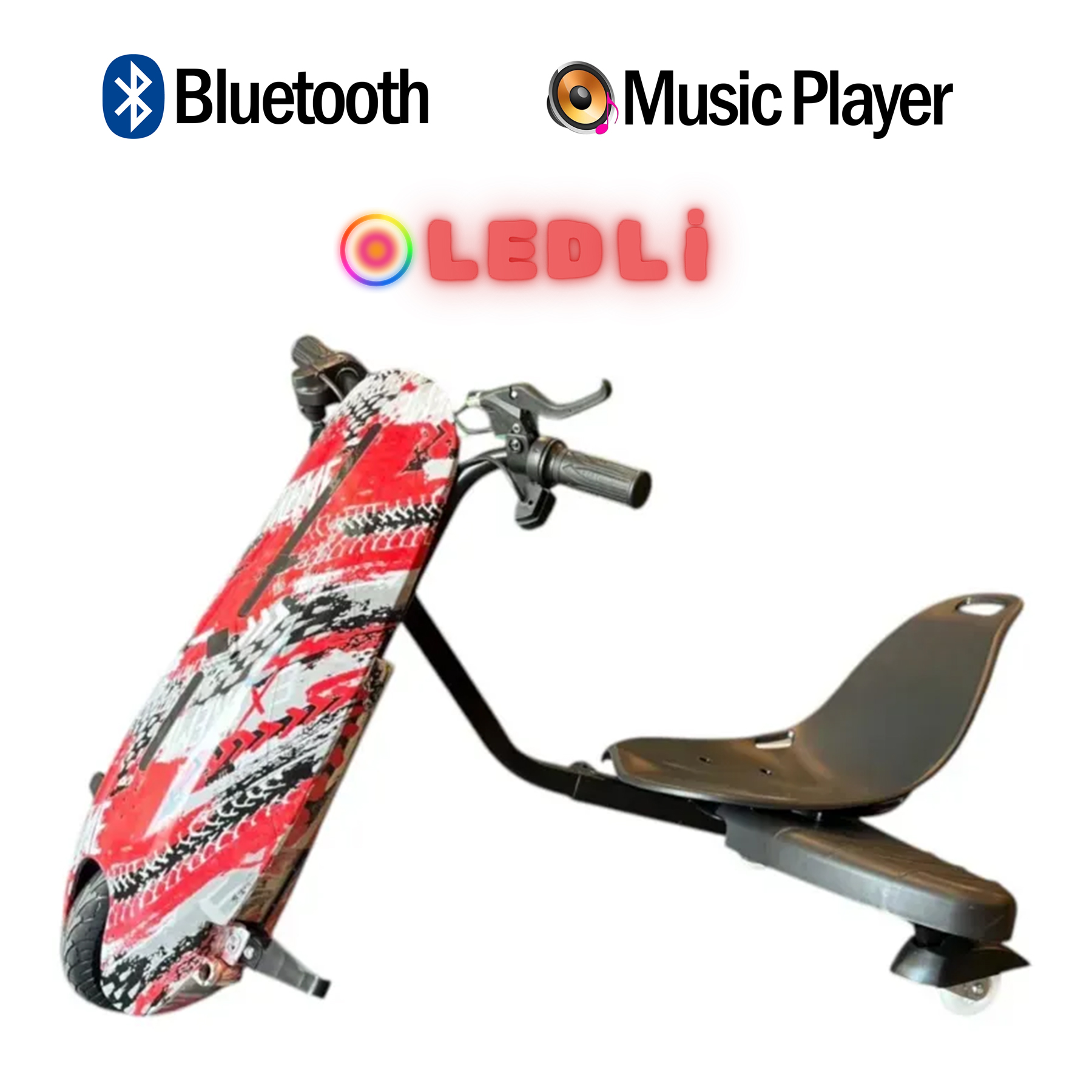Bluetooth ve Müzik Çalar simgeli kırmızı, beyaz ve siyah drift scooter.