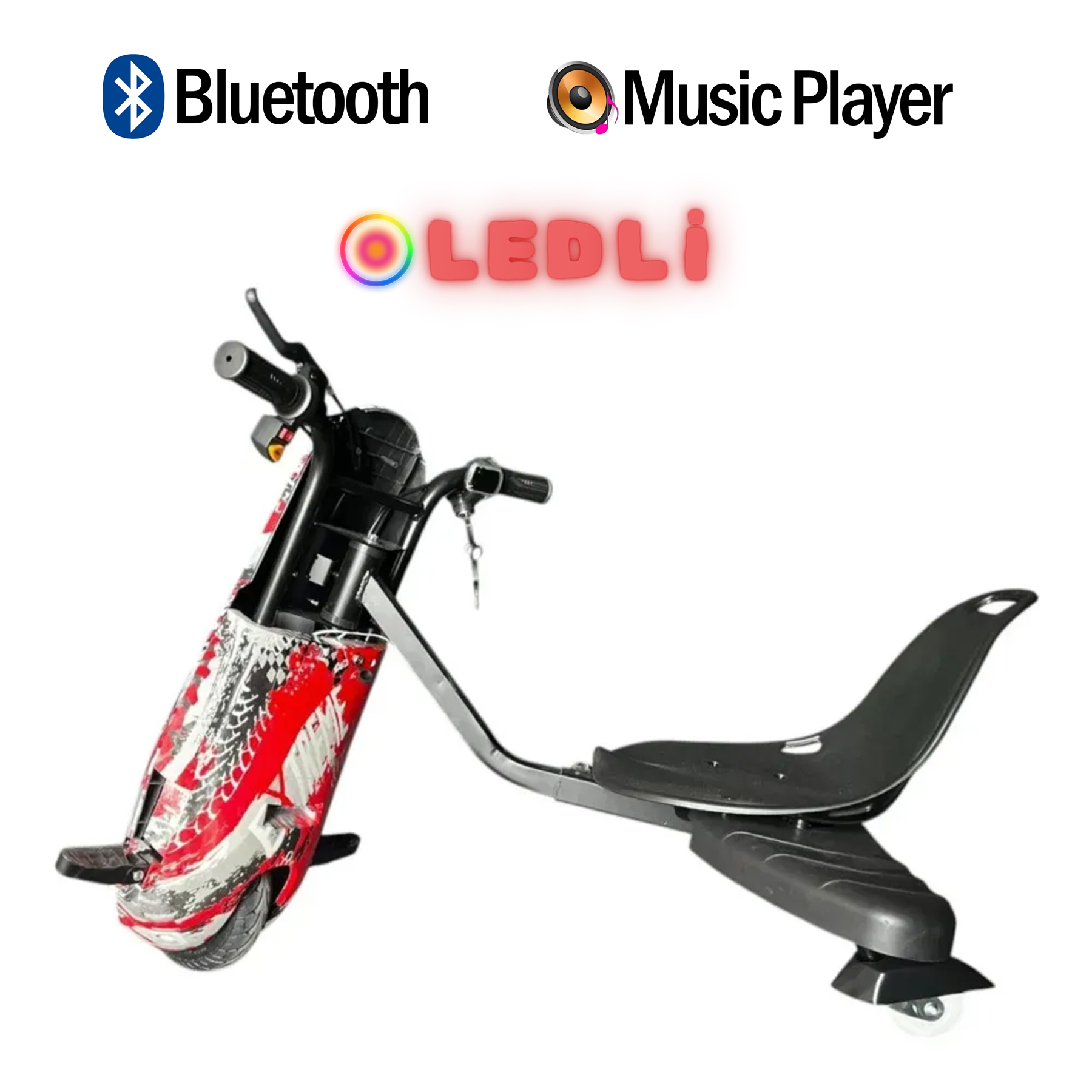 Bluetooth ve müzik çalar simgeli kırmızı ve beyaz elektrikli scooter.