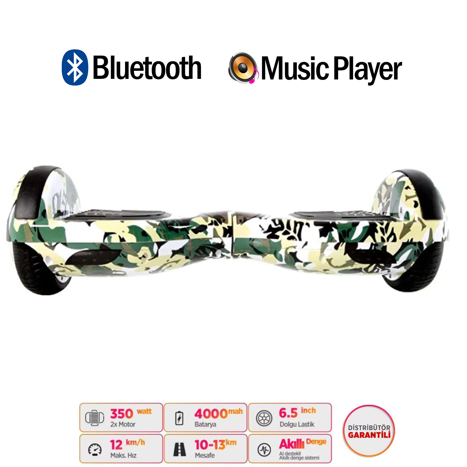Kamuflaj desenli hoverboard, Bluetooth, müzik çalar, 350W, 4000mAh, 12km/s.