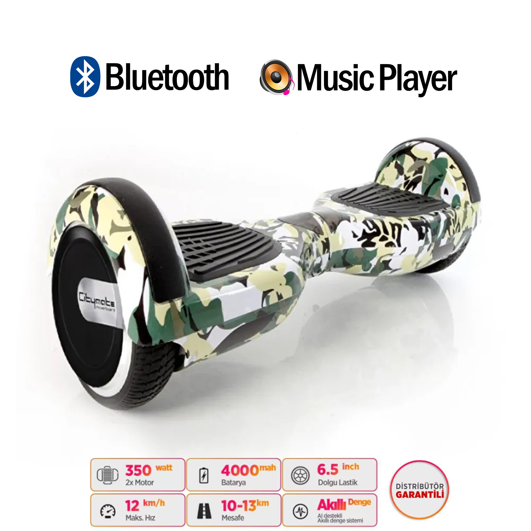 Kamuflaj desenli hoverboard, Bluetooth ve müzik çalar özellikli.