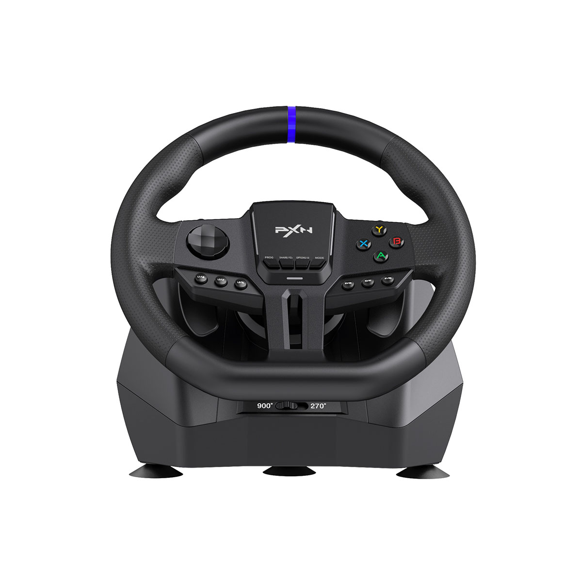 Un volante da gaming PXN nero con pulsanti e una striscia luminosa blu.