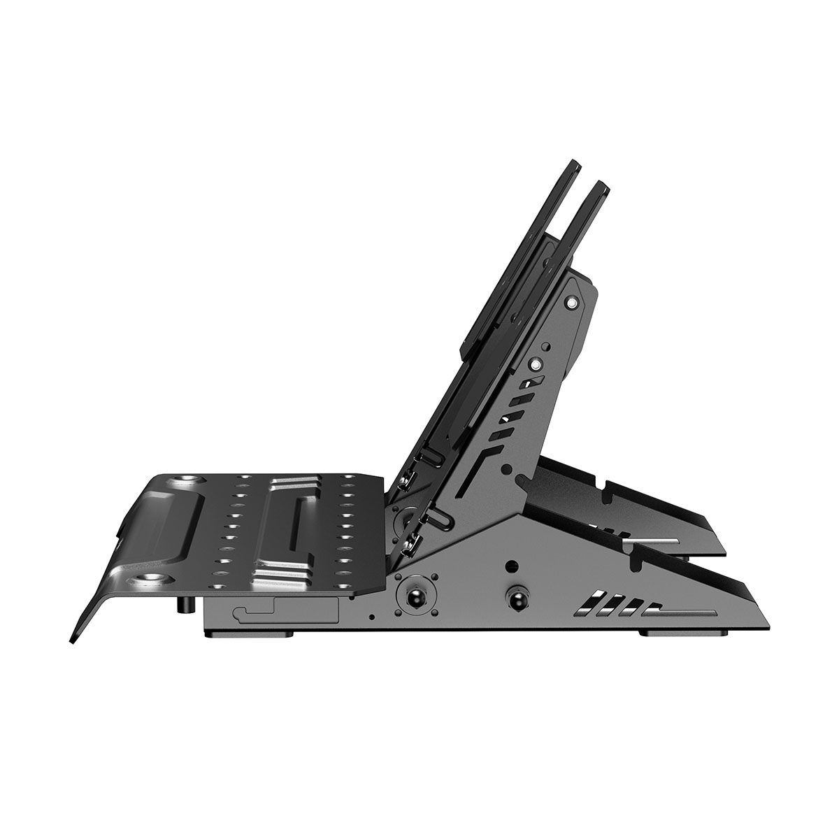 Sol tarafta delikli yüzeye sahip gri, ayarlanabilir metal pedal standı.