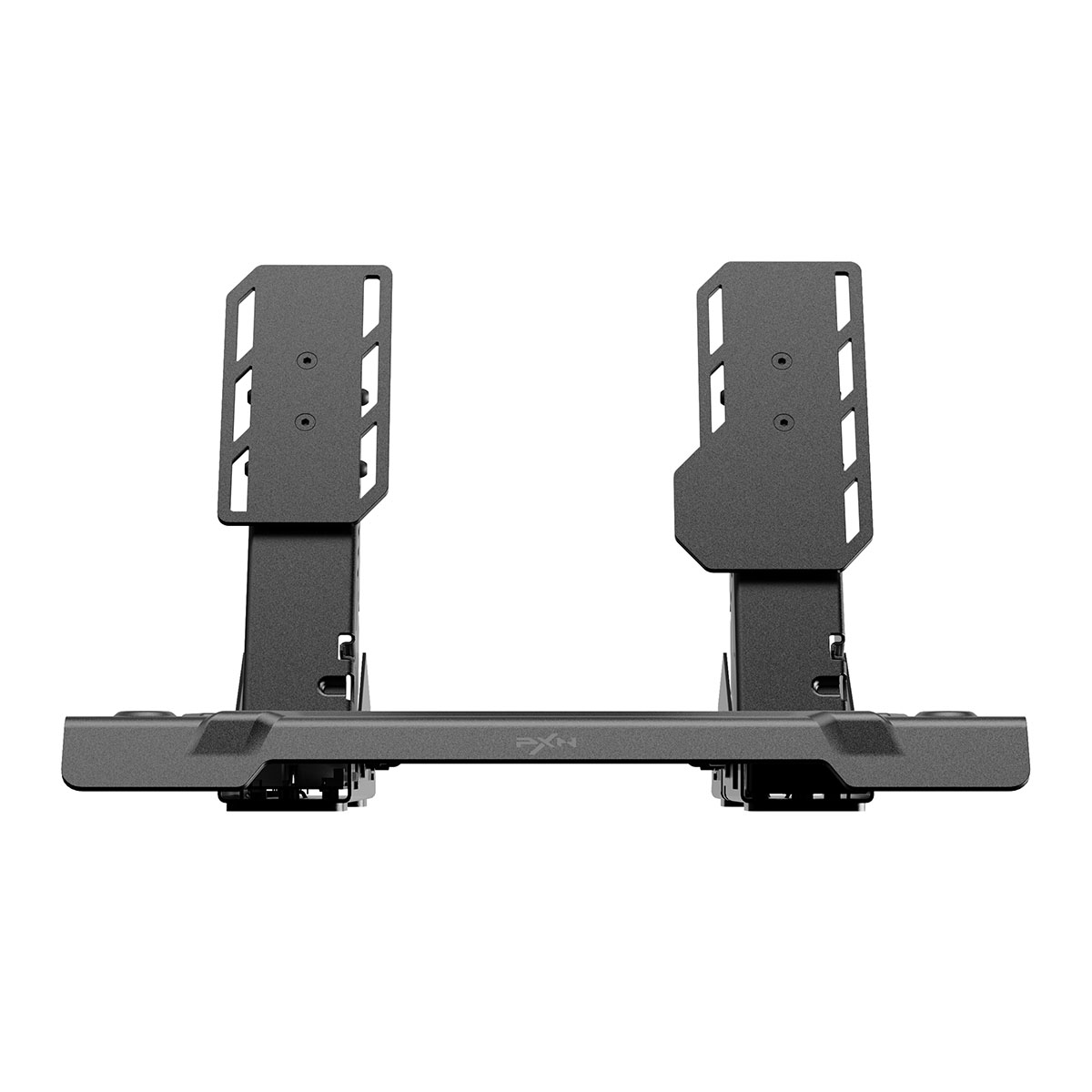 İki dikey destekli ve yuvalı gri metal stant.