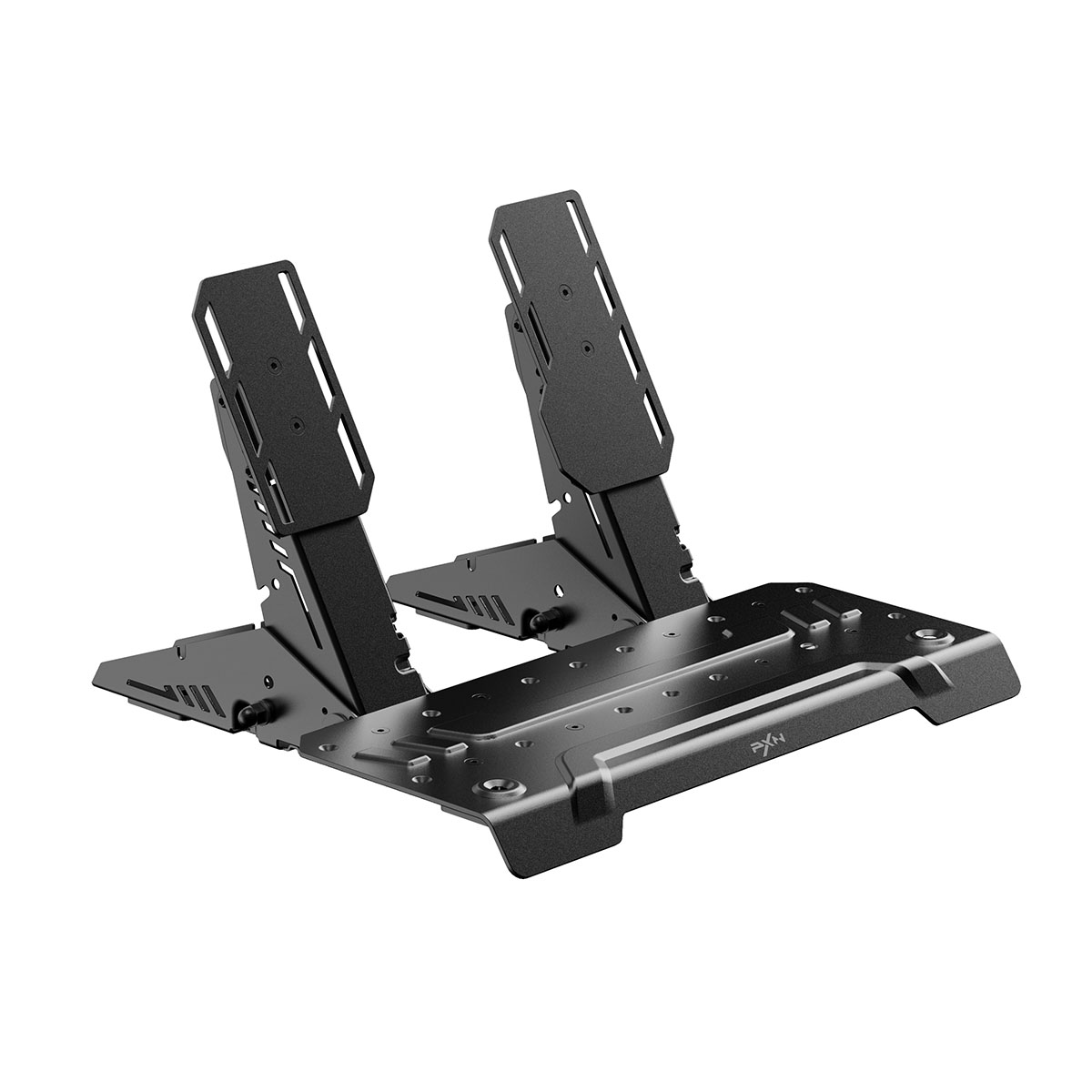 Ayarlanabilir iki ayak dayanağı ve montaj noktaları bulunan siyah metal pedal standı.