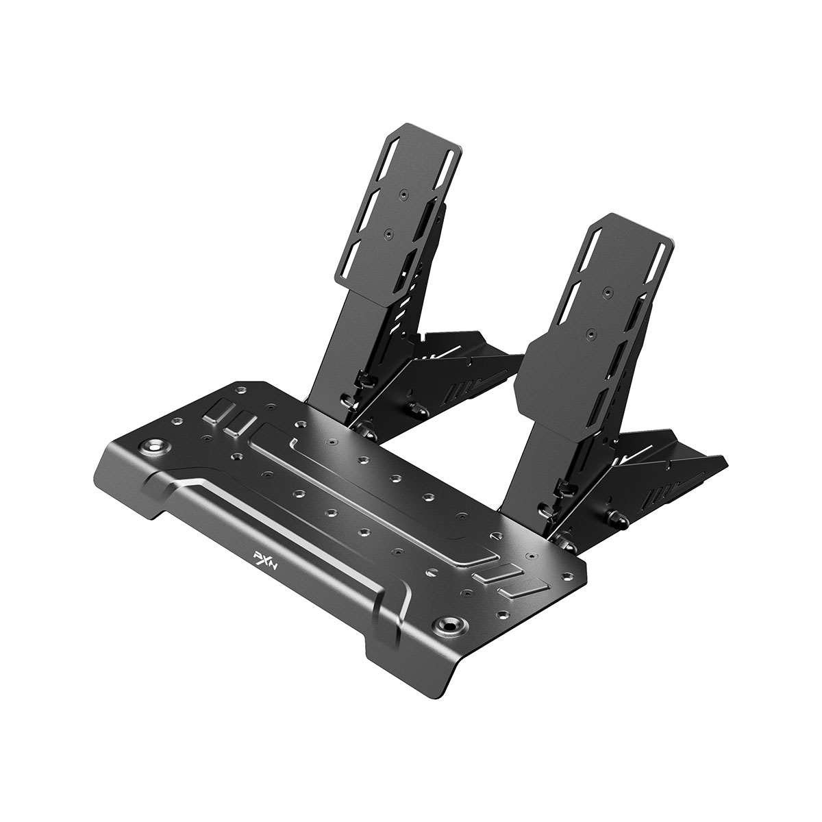 PXN logosu ve iki ayarlanabilir ayak dayama yerine sahip gri metal pedal standı.