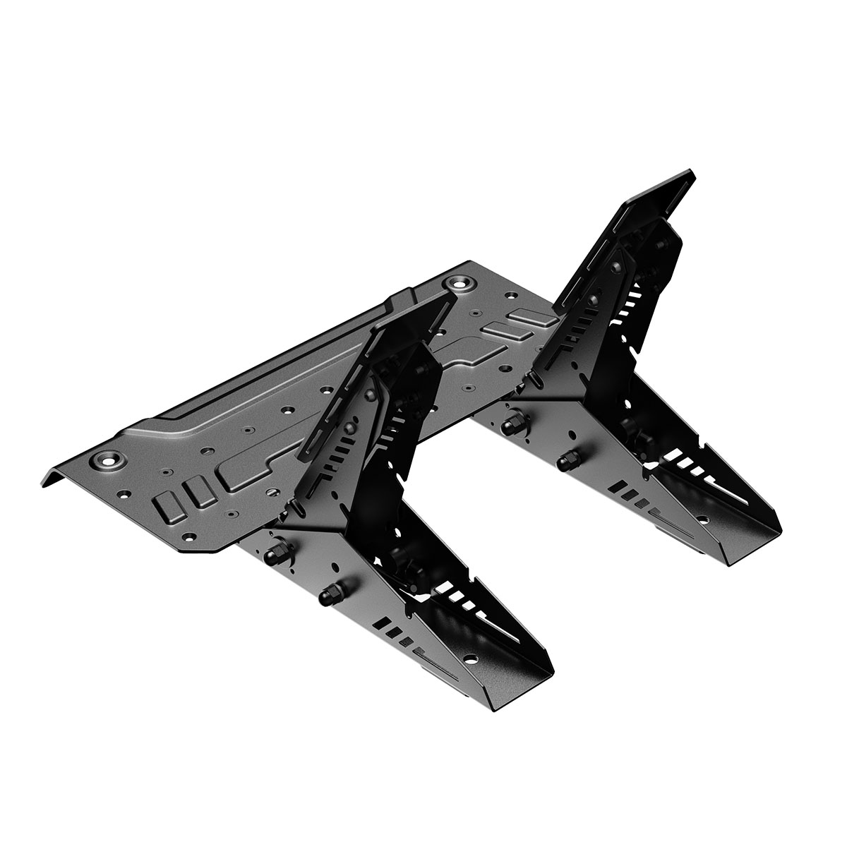 Dikdörtgen tabanlı, iki açılı destek kollu siyah metal stant.
