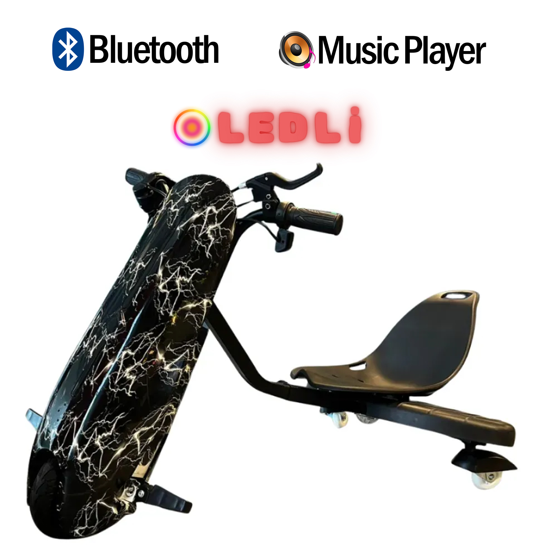 Beyaz şimşek desenli siyah drift scooter, koltuk ve gidon.