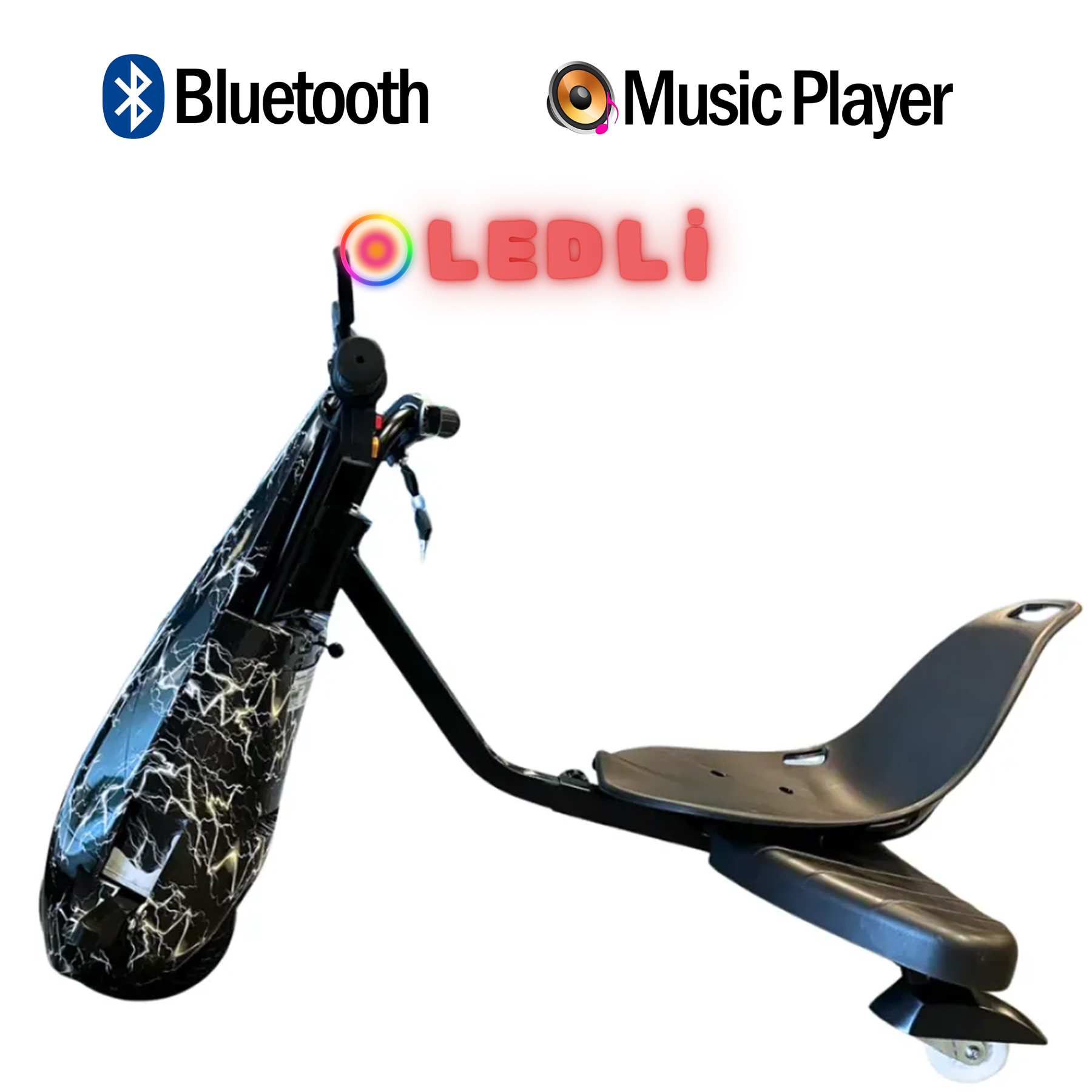 Mermer desenli siyah drift scooter ve "LEDLI" yazısı. Bluetooth ikonu.