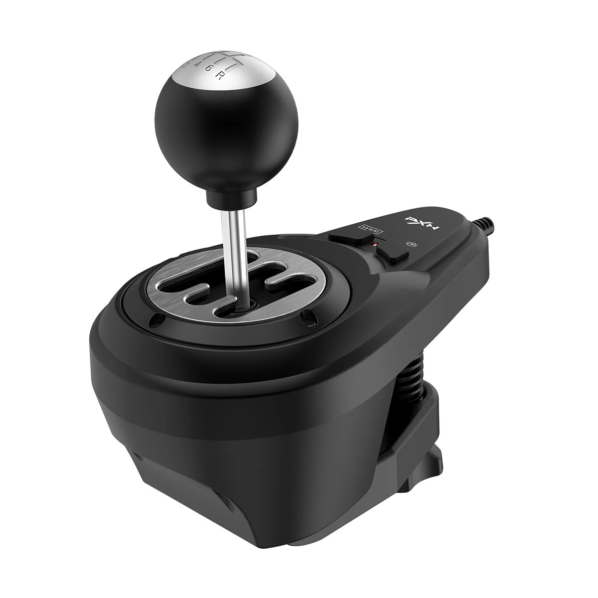 Un cambio da gioco nero con pomello argento e nero che mostra 6 marce e retromarcia.